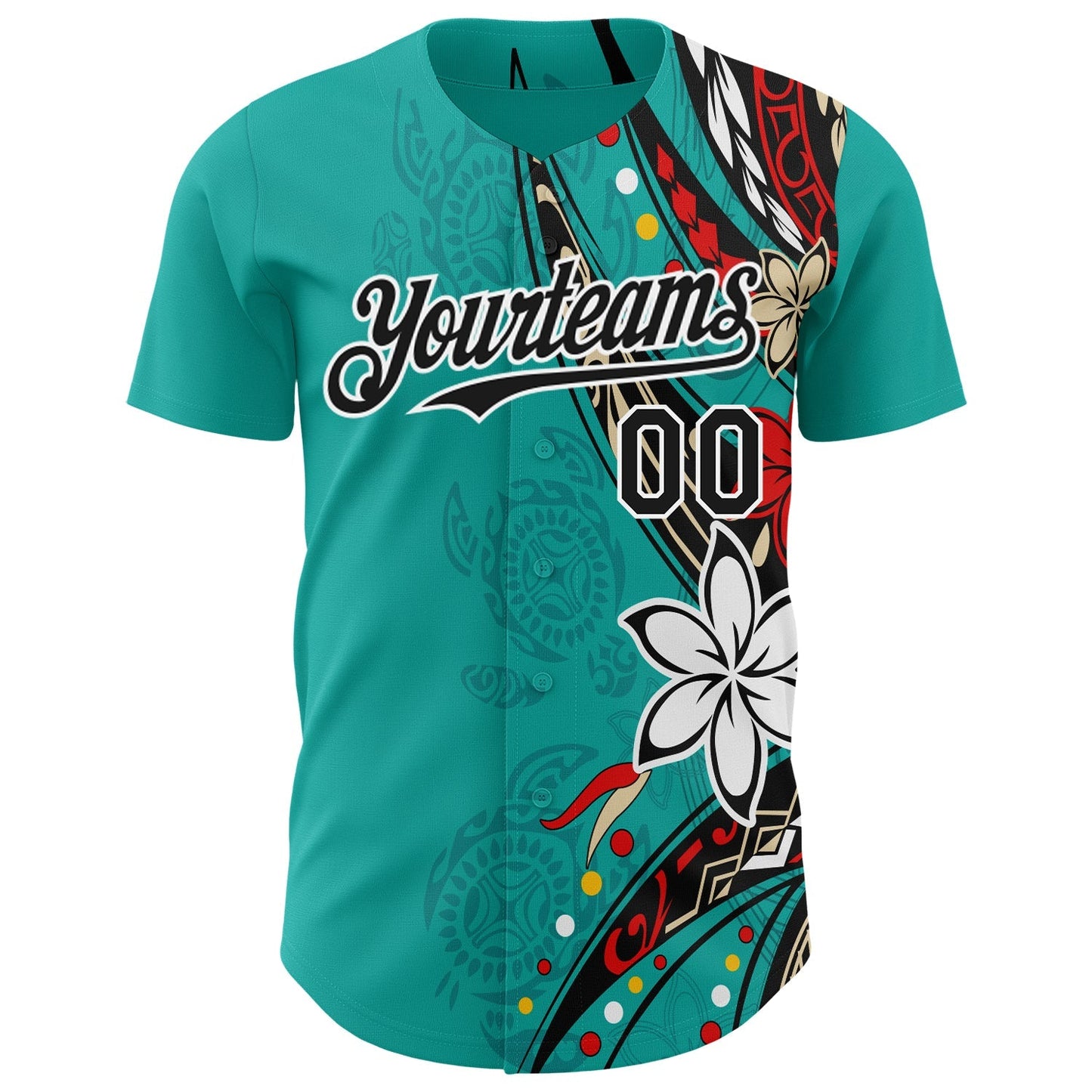 Custom Teal Black-White Hawaii Flower Authentic Baseball Jersey baseball jersey product view 2