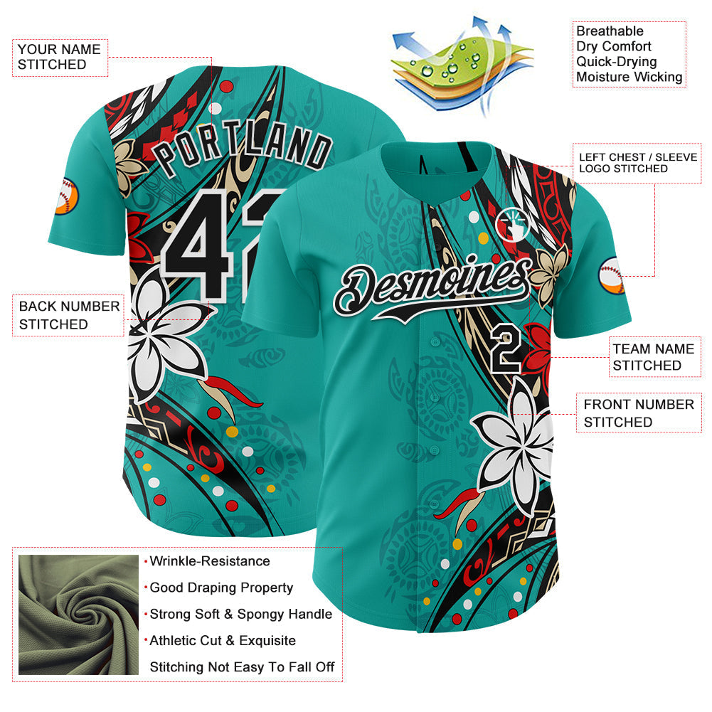 Custom Teal Black-White Hawaii Flower Authentic Baseball Jersey baseball jersey product view 3