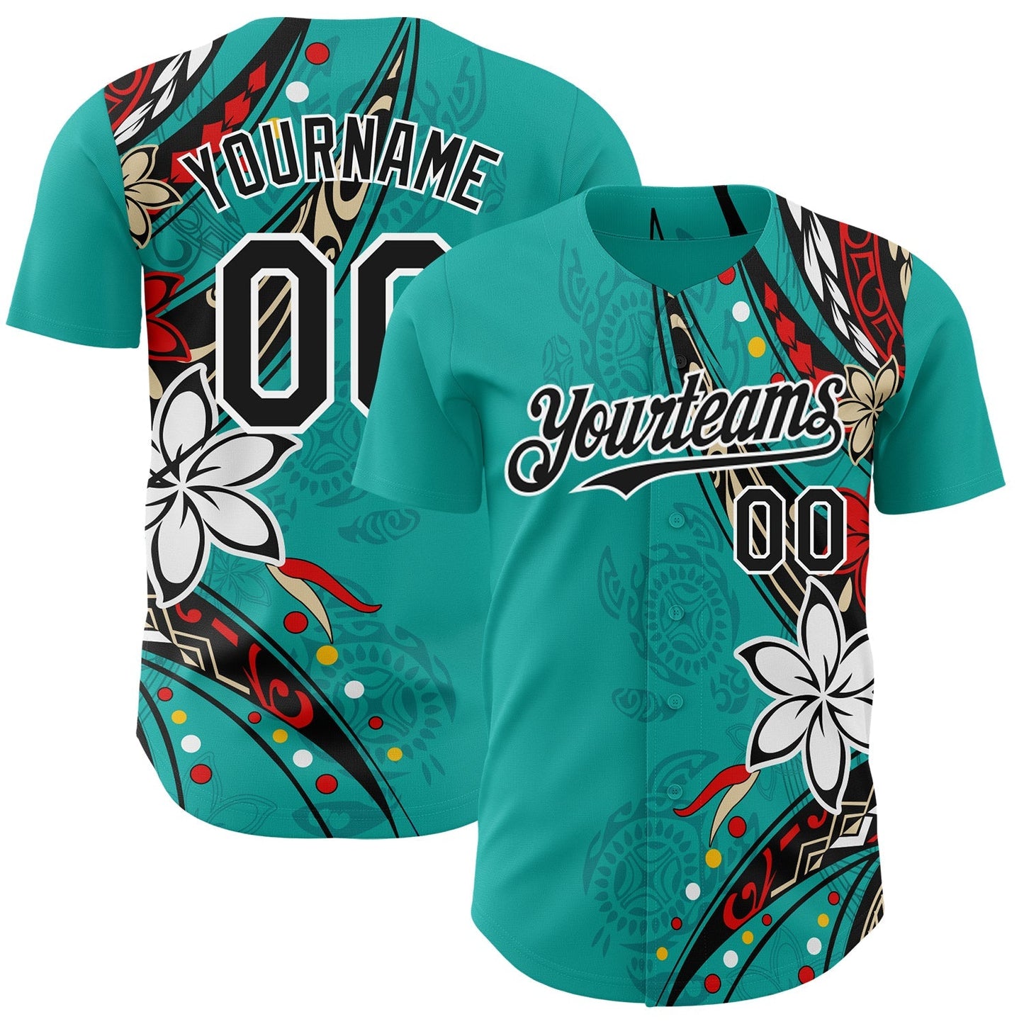 Custom Teal Black-White Hawaii Flower Authentic Baseball Jersey baseball jersey product view 1