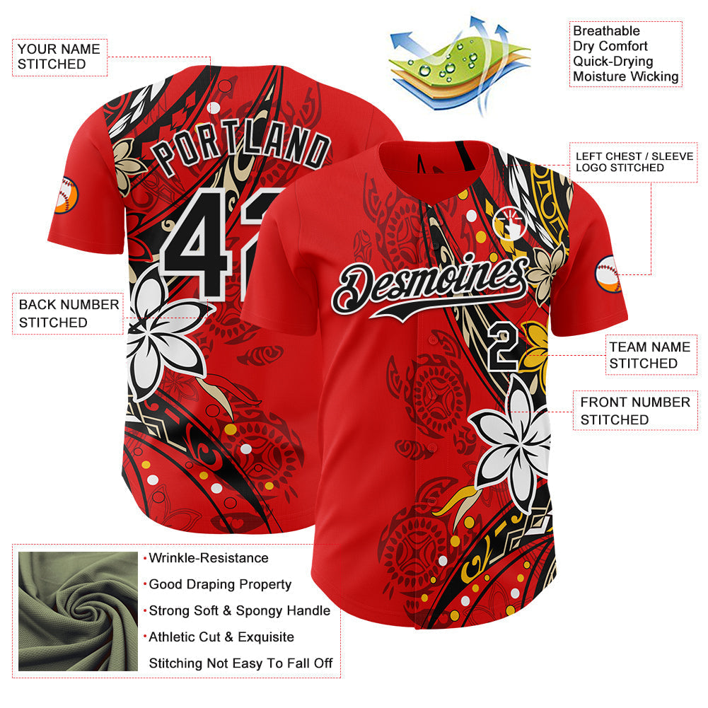 Custom Red Black-White Hawaii Flower Authentic Baseball Jersey baseball jersey product view 3