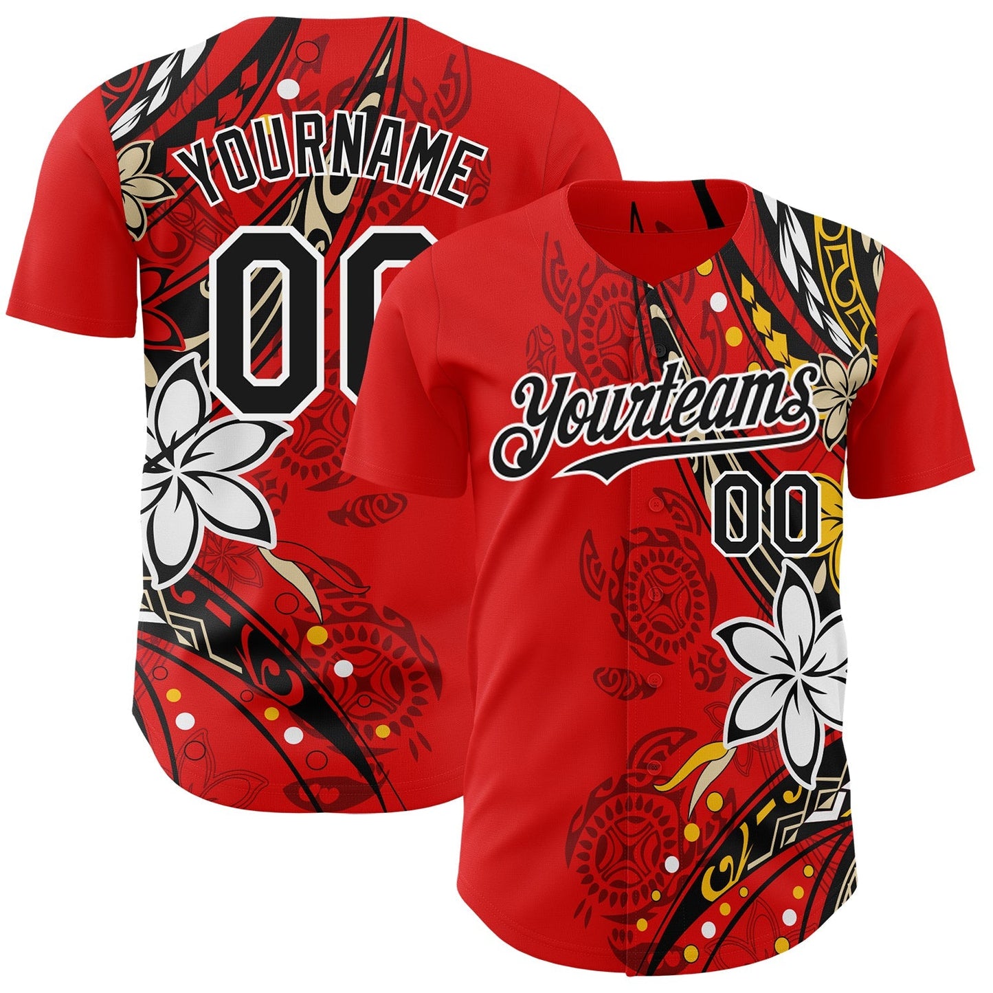 Custom Red Black-White Hawaii Flower Authentic Baseball Jersey baseball jersey product view 1