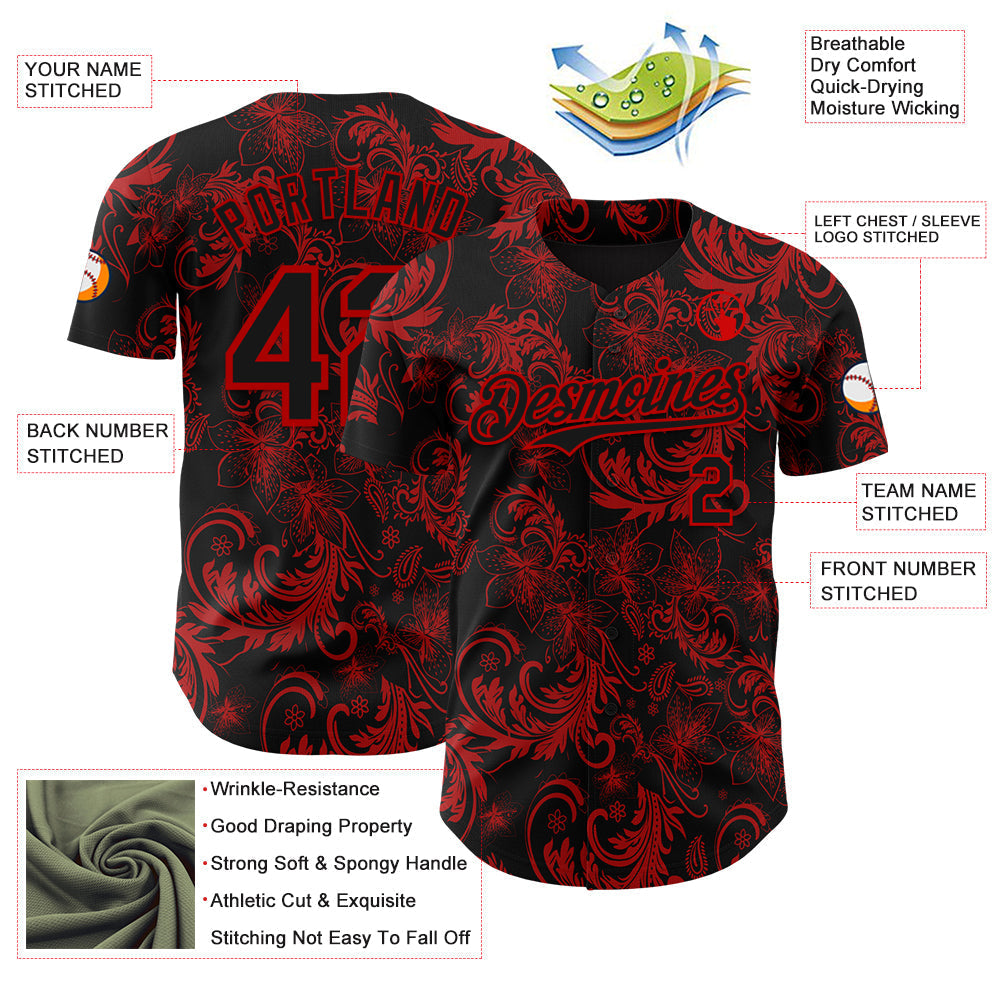 Custom Black Red Flower Authentic Baseball Jersey baseball jersey product view 3
