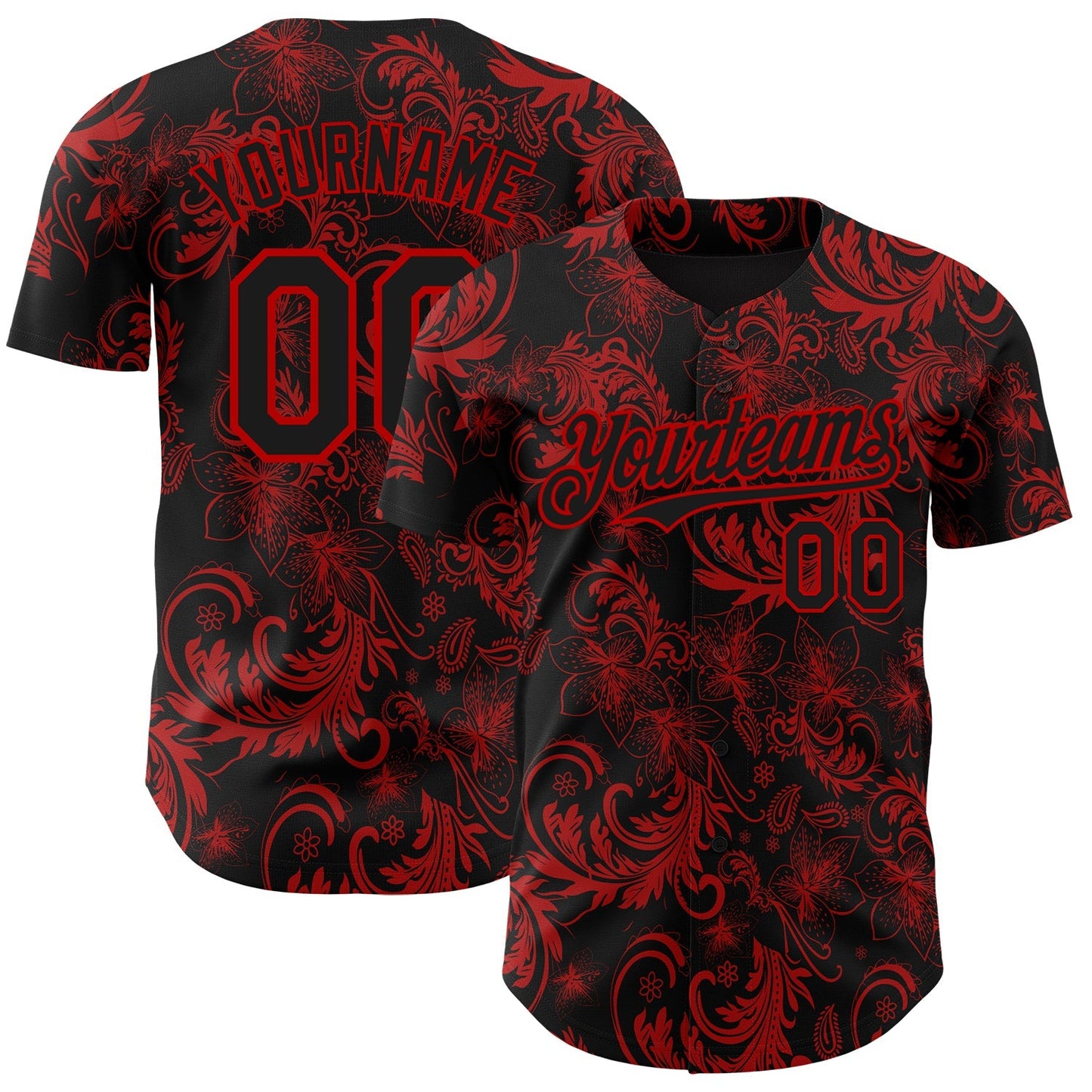 Custom Black Red Flower Authentic Baseball Jersey baseball jersey product view 1