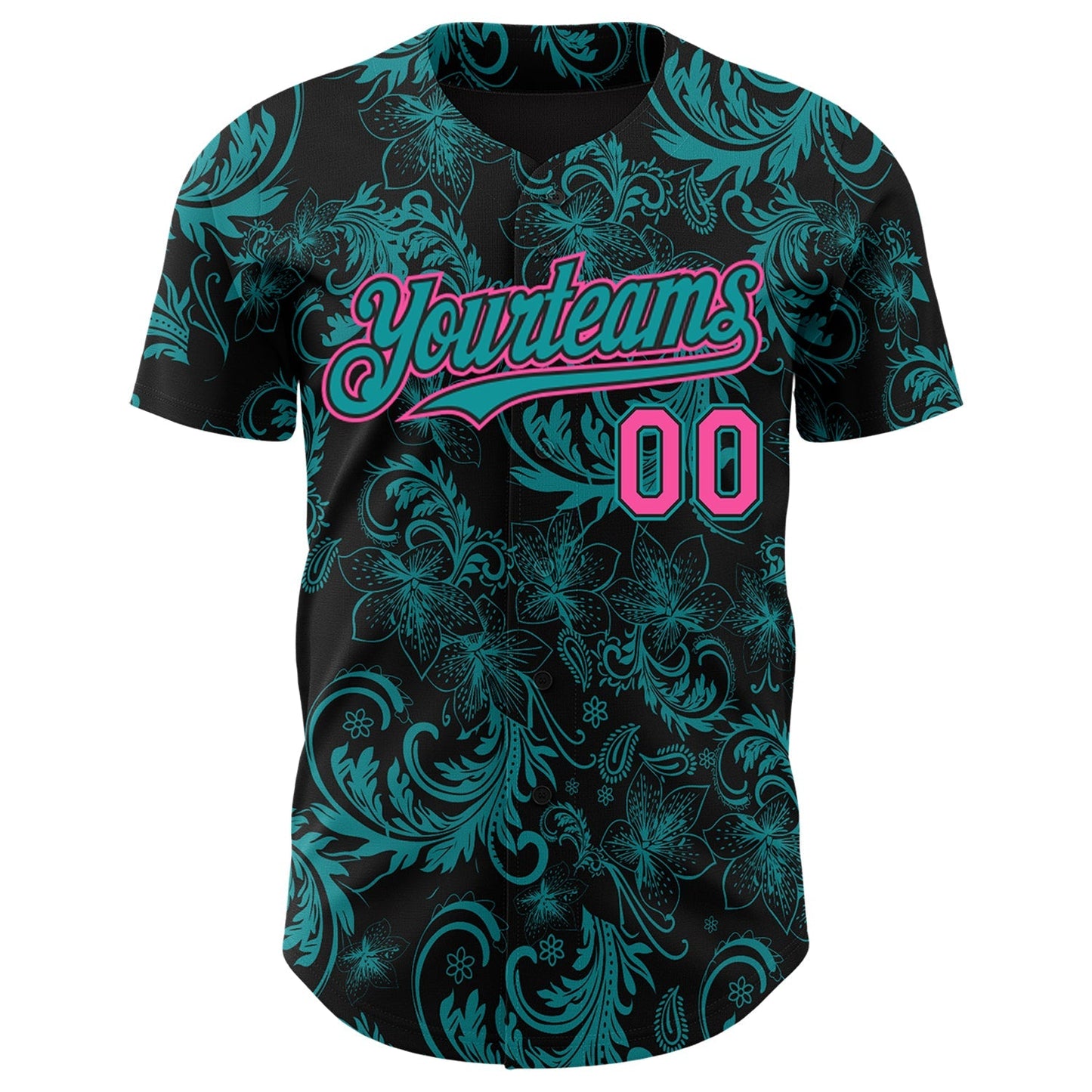 Custom Black Pink-Teal Flower Authentic Baseball Jersey baseball jersey product view 2