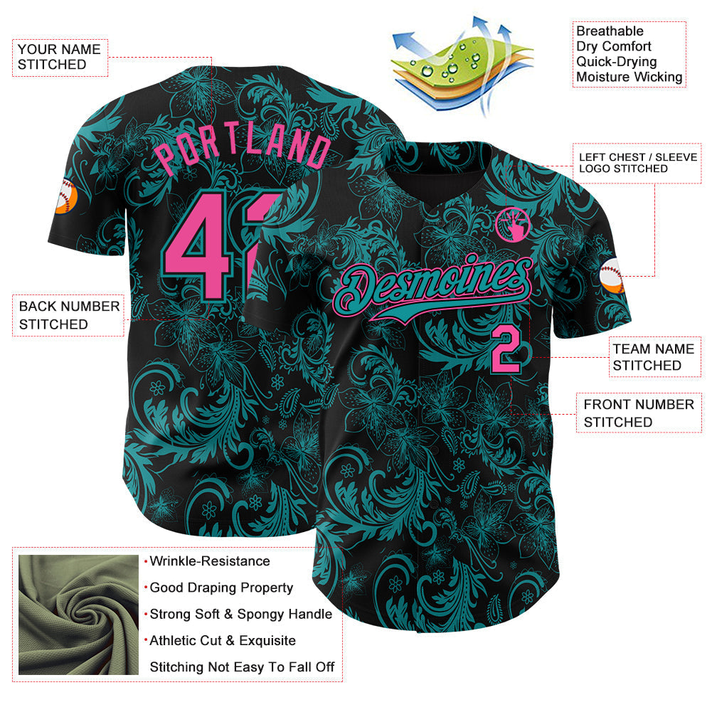 Custom Black Pink-Teal Flower Authentic Baseball Jersey baseball jersey product view 3