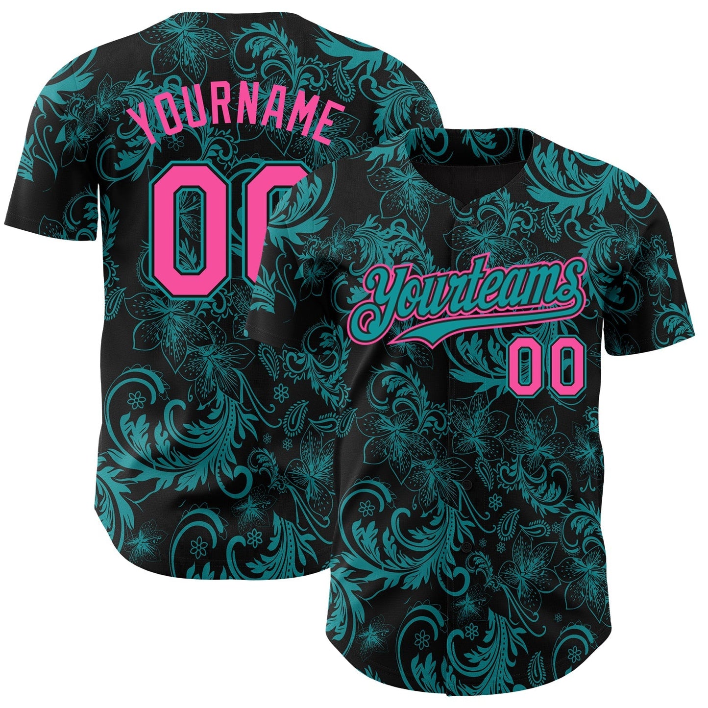 Custom Black Pink-Teal Flower Authentic Baseball Jersey baseball jersey product view 1