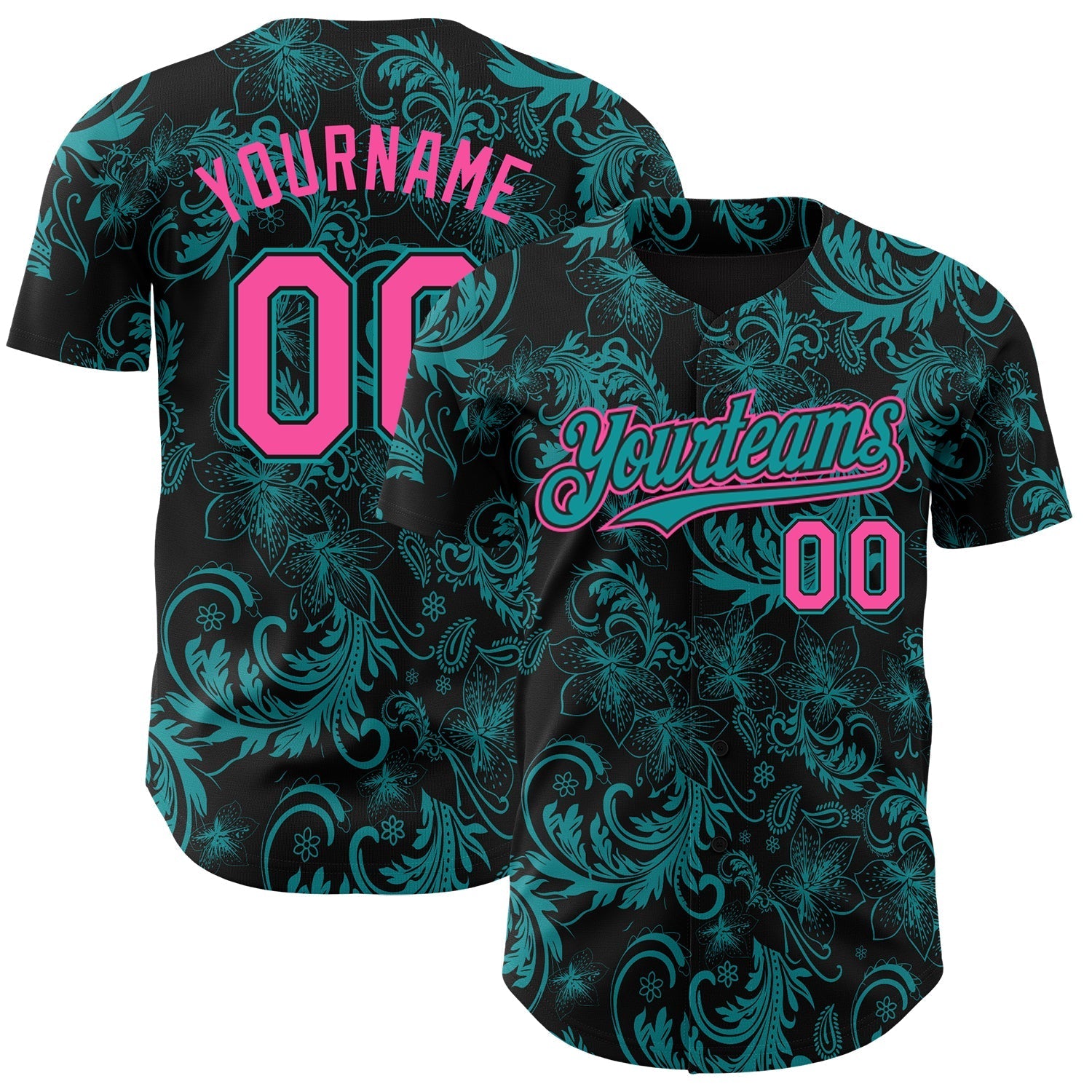 Custom Black Pink-Teal Flower Authentic Baseball Jersey baseball jersey product view 1