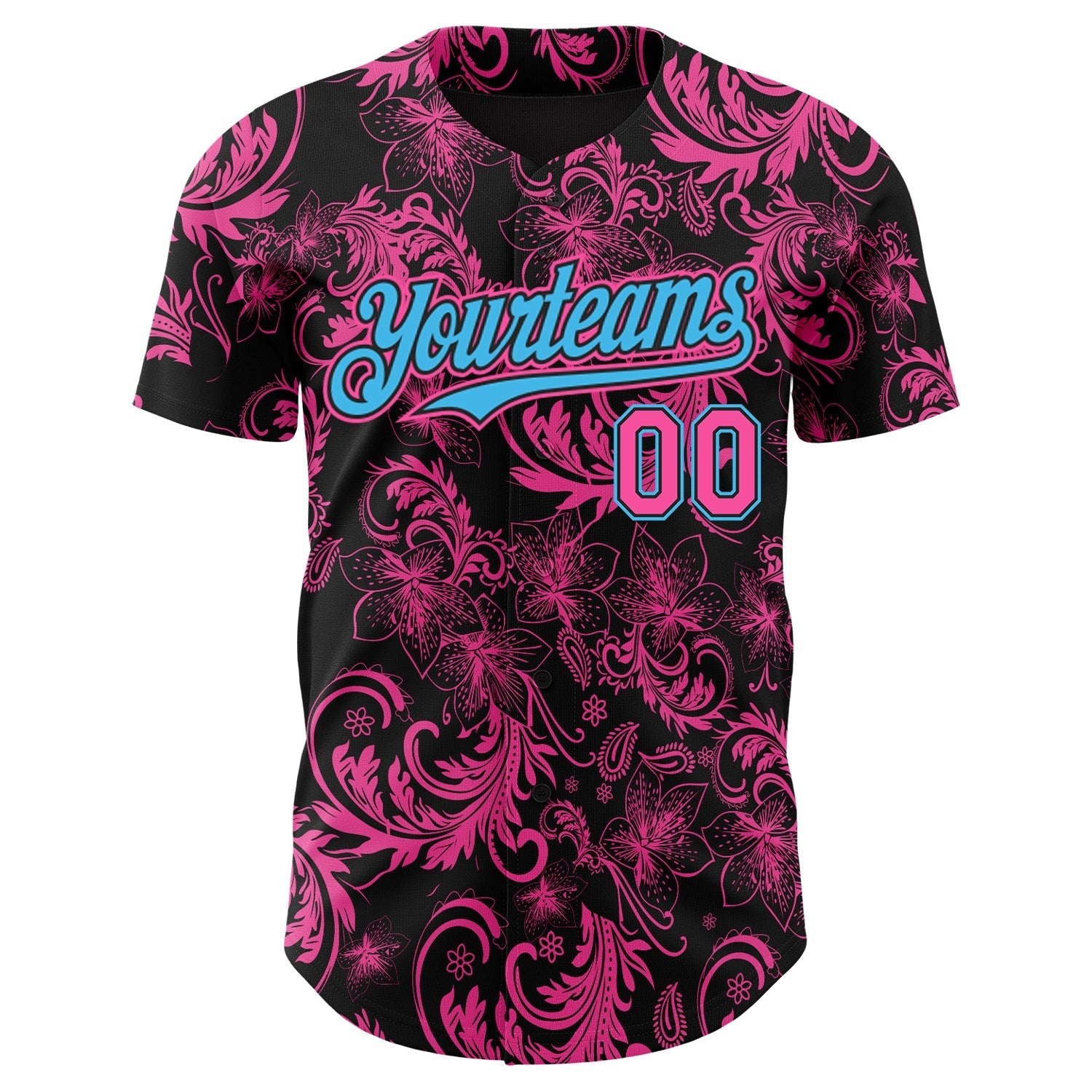Custom Black Pink-Sky Blue Flower Authentic Baseball Jersey baseball jersey product view 2