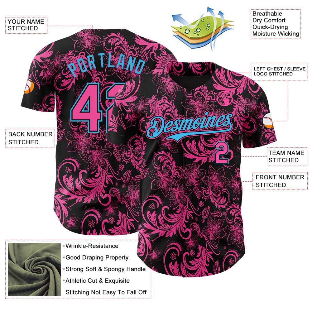 Custom Black Pink-Sky Blue Flower Authentic Baseball Jersey baseball jersey product view 3