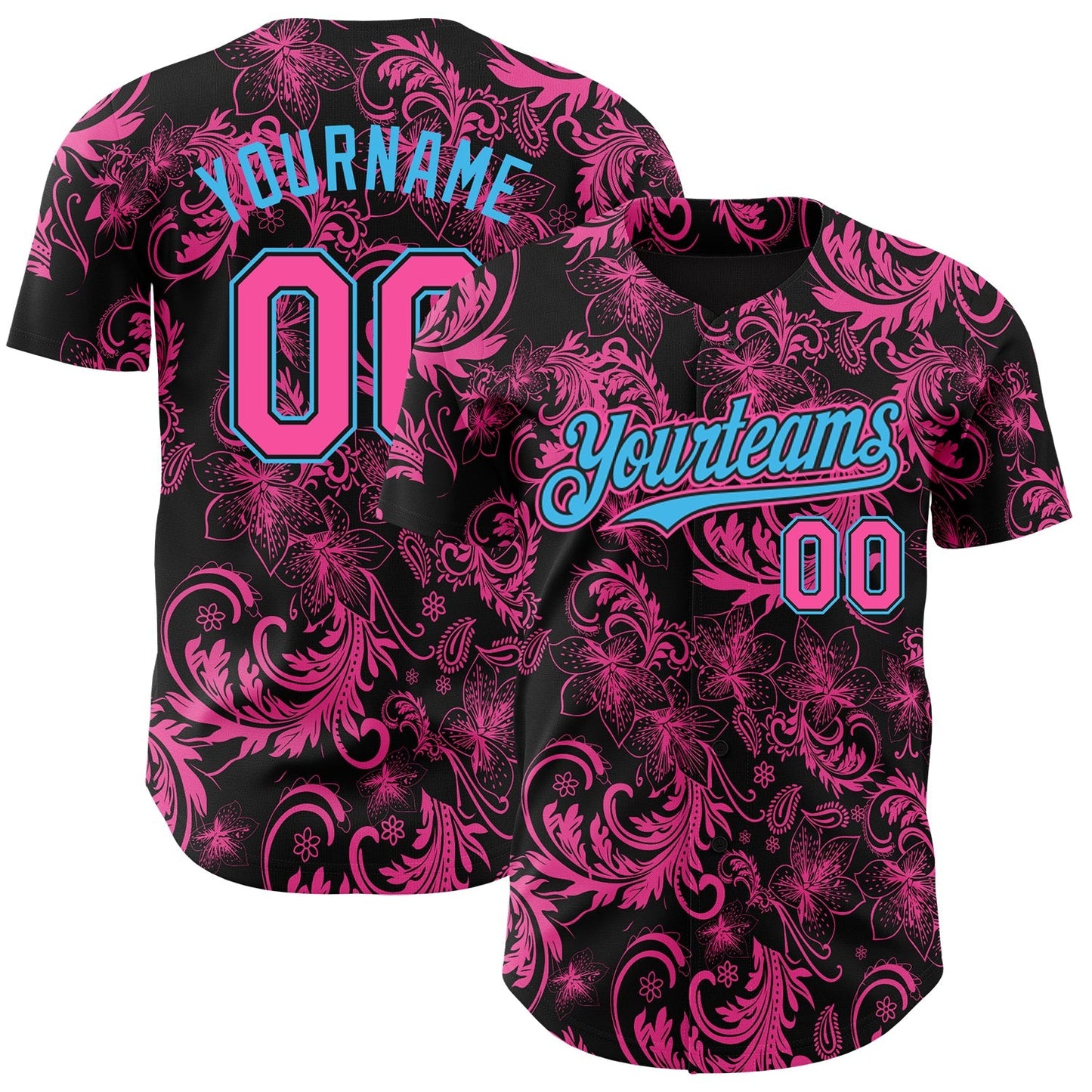 Custom Black Pink-Sky Blue Flower Authentic Baseball Jersey baseball jersey product view 1