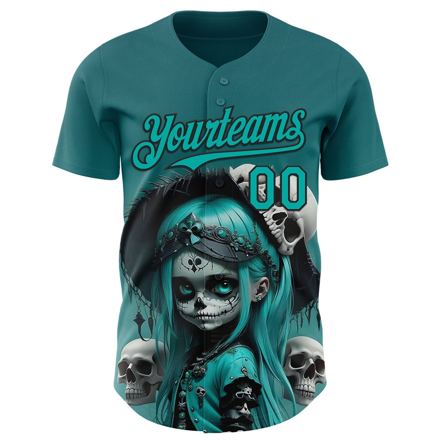 Custom Blue Aqua-Black 3D Halloween Spooky Skull Authentic Baseball Jersey baseball jersey product view 2