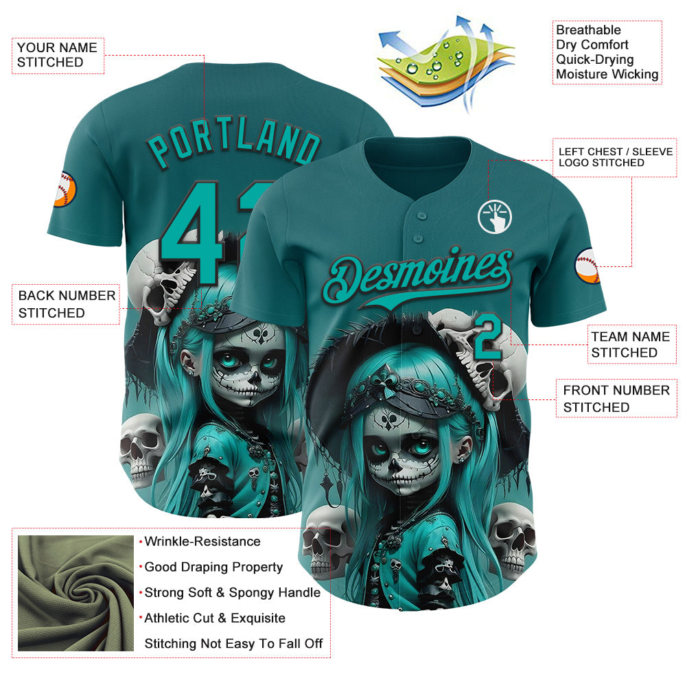 Custom Blue Aqua-Black 3D Halloween Spooky Skull Authentic Baseball Jersey baseball jersey product view 3