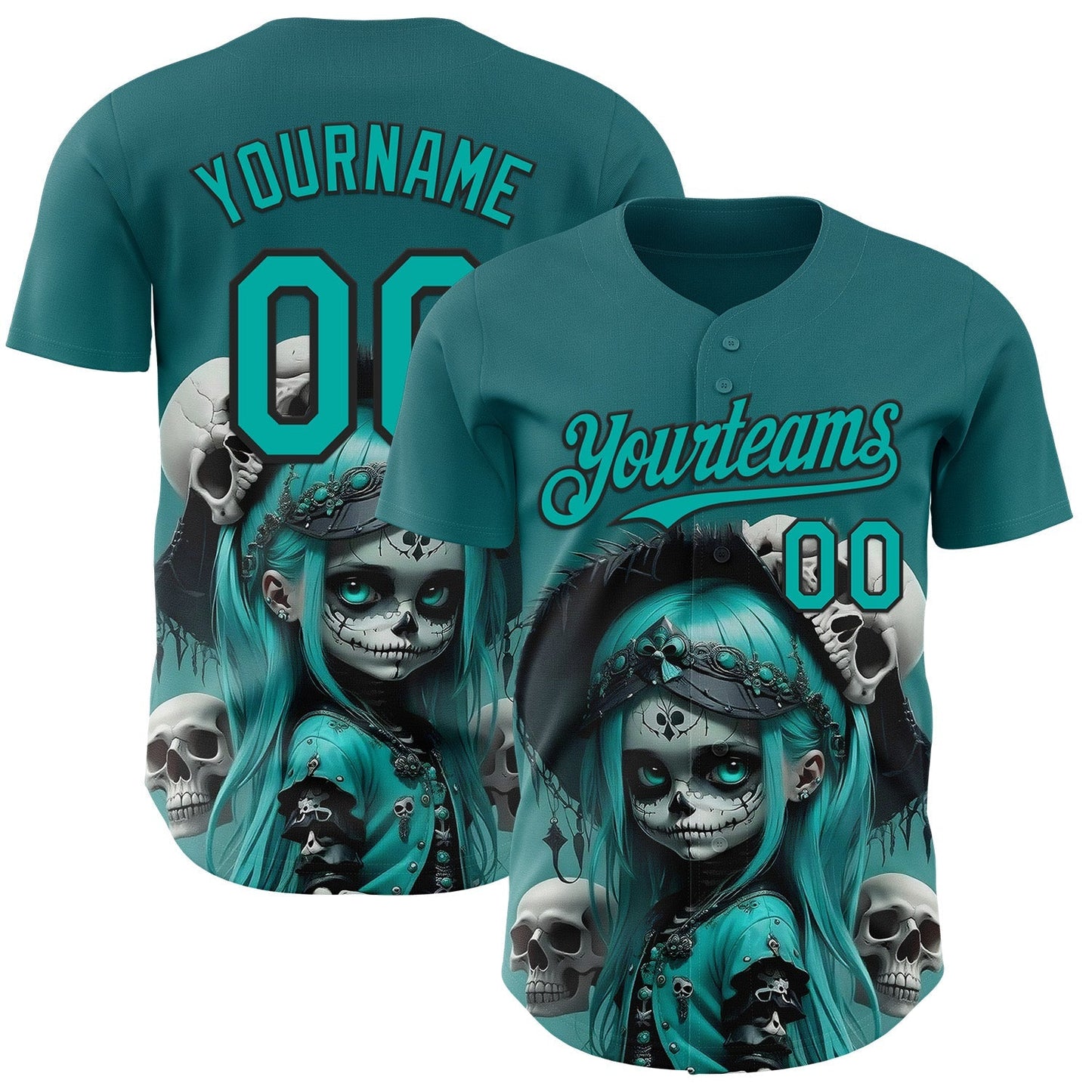 Custom Blue Aqua-Black 3D Halloween Spooky Skull Authentic Baseball Jersey baseball jersey product view 1