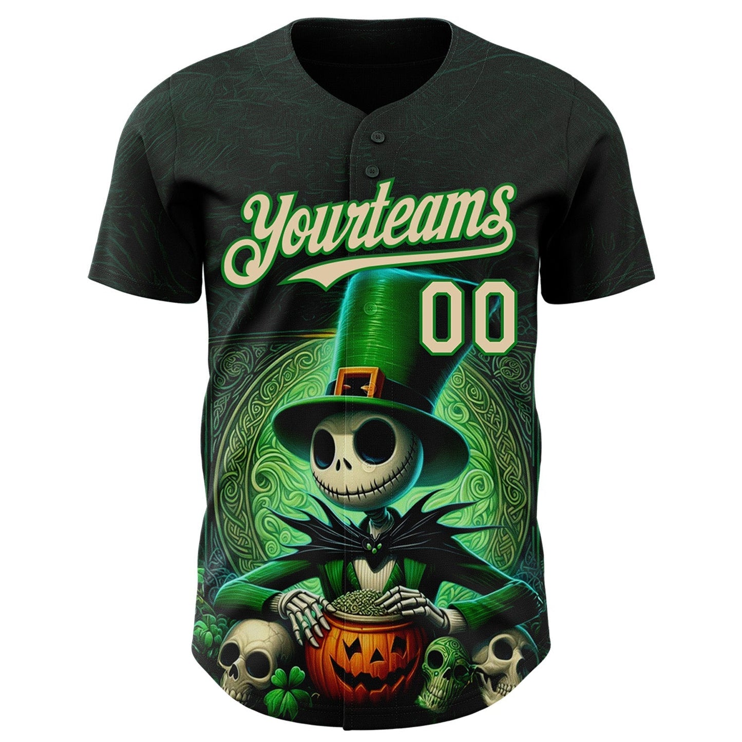 Custom Black City Cream-Grass Green 3D Halloween Spooky Pumpkin Authentic Baseball Jersey baseball jersey product view 2