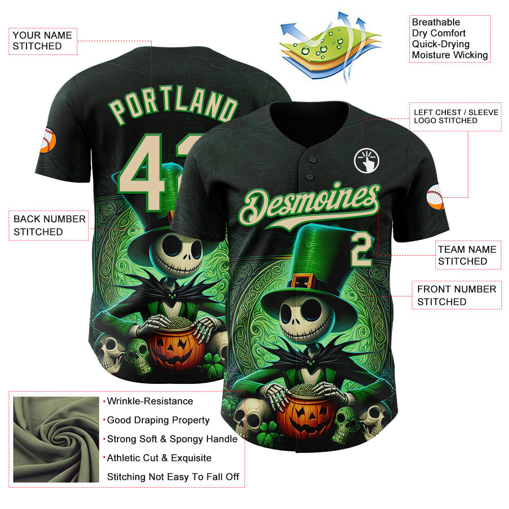 Custom Black City Cream-Grass Green 3D Halloween Spooky Pumpkin Authentic Baseball Jersey baseball jersey product view 3