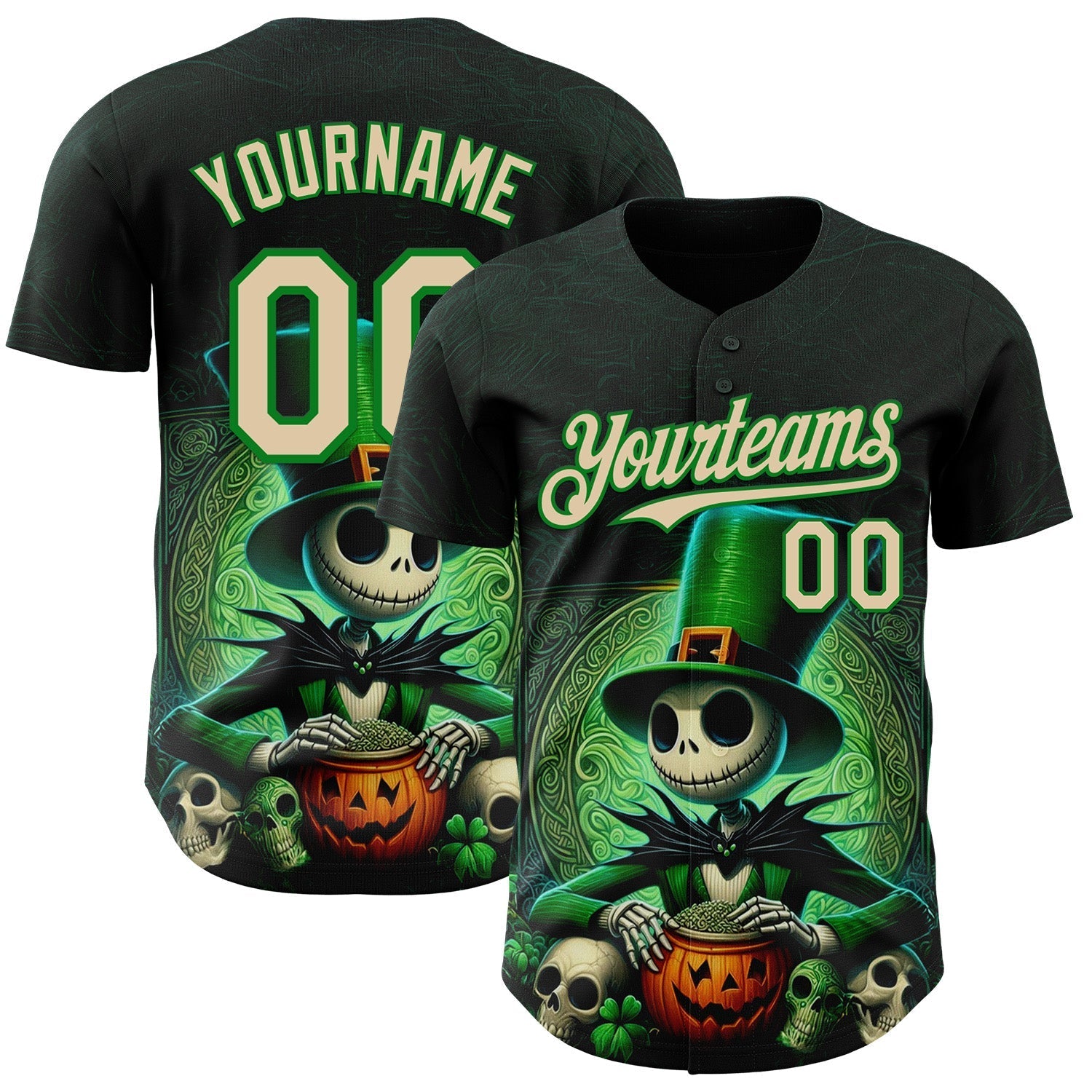 Custom Black City Cream-Grass Green 3D Halloween Spooky Pumpkin Authentic Baseball Jersey baseball jersey product view 1