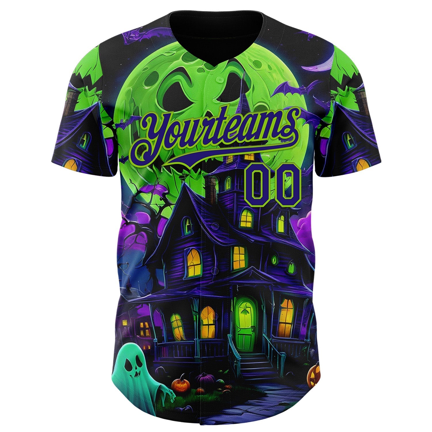Custom Black Dark Purple-Neon Green 3D Halloween Spooky Pumpkin Bat Authentic Baseball Jersey baseball jersey product view 2