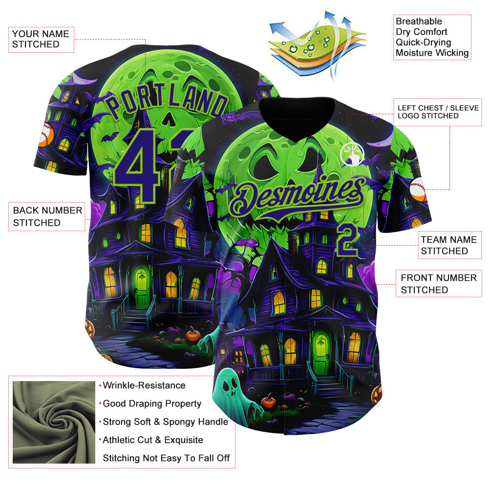 Custom Black Dark Purple-Neon Green 3D Halloween Spooky Pumpkin Bat Authentic Baseball Jersey baseball jersey product view 3