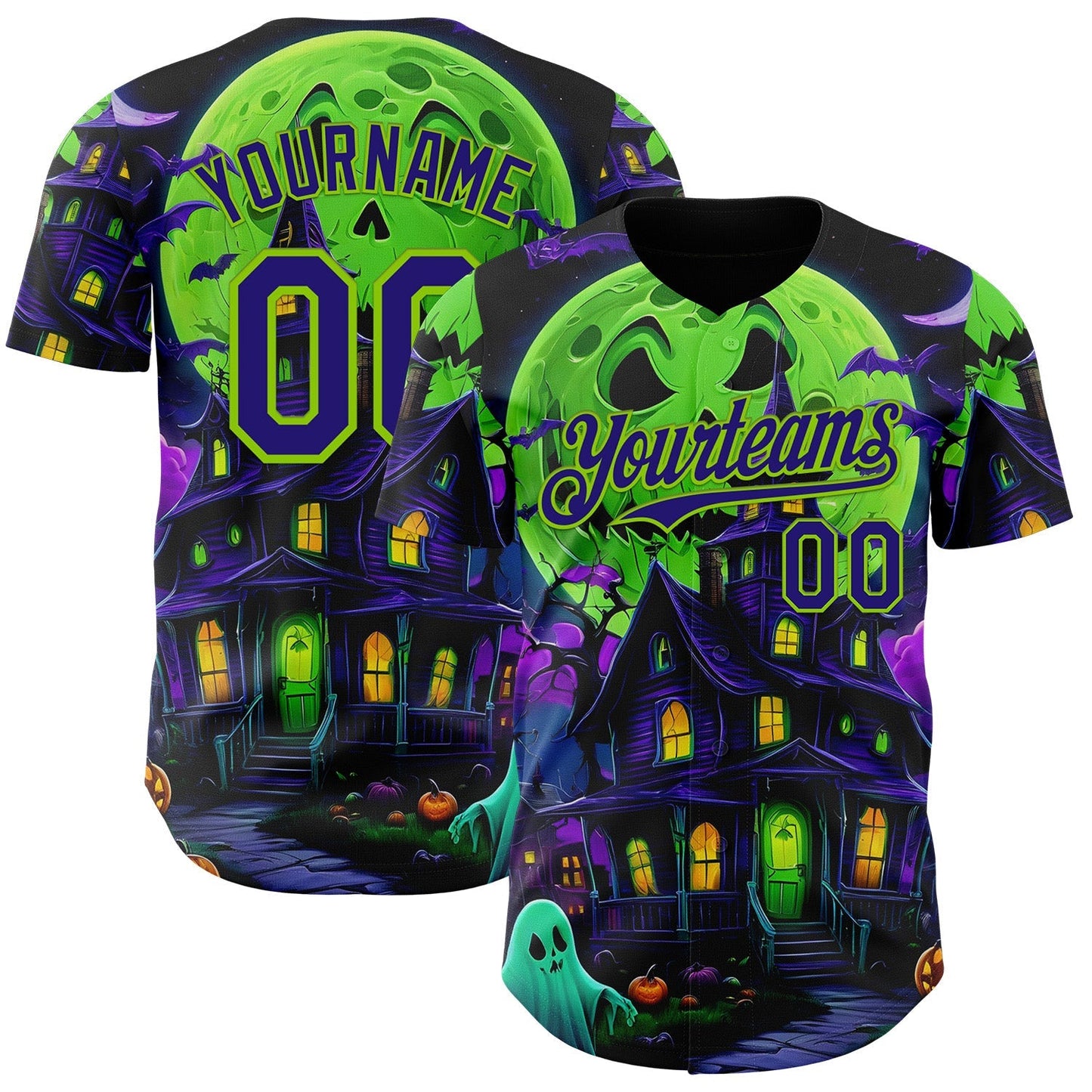 Custom Black Dark Purple-Neon Green 3D Halloween Spooky Pumpkin Bat Authentic Baseball Jersey baseball jersey product view 1