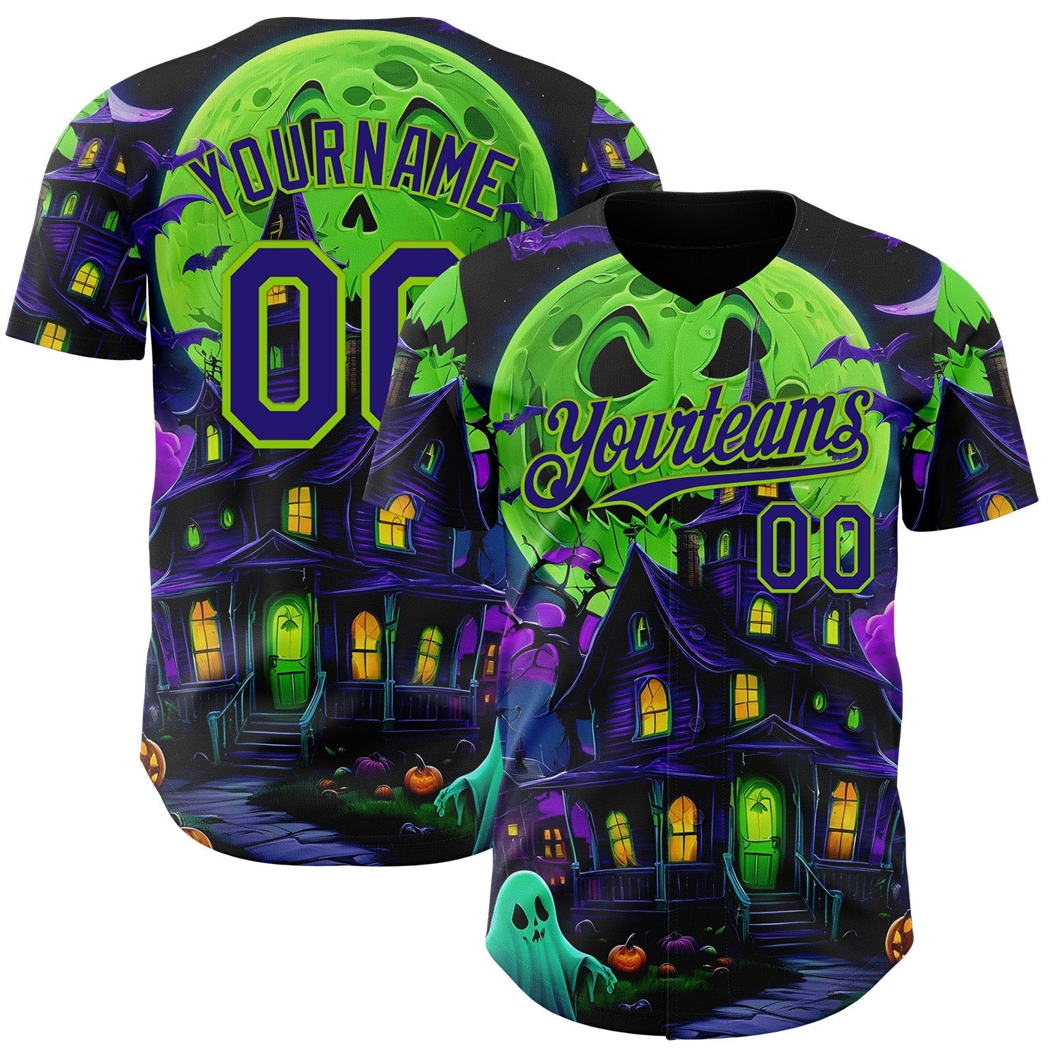 Custom Black Dark Purple-Neon Green 3D Halloween Spooky Pumpkin Bat Authentic Baseball Jersey baseball jersey product view 1