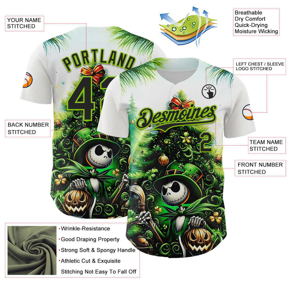 Custom White Black-Neon Green 3D Halloween Spooky Pumpkin Authentic Baseball Jersey baseball jersey product view 3