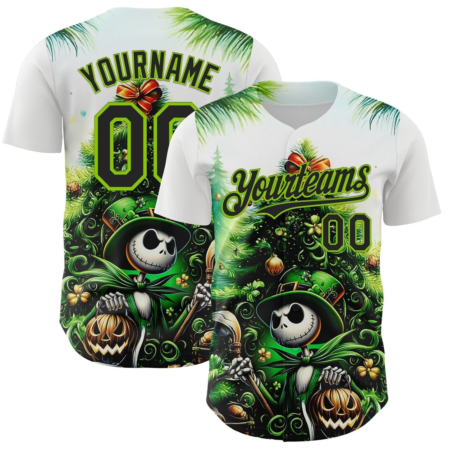 Custom White Black-Neon Green 3D Halloween Spooky Pumpkin Authentic Baseball Jersey baseball jersey product view 1