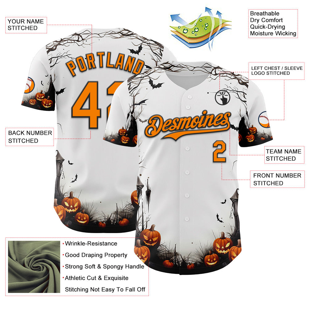 Custom White Bay Orange-Black 3D Halloween Spooky Pumpkin Authentic Baseball Jersey baseball jersey product view 3