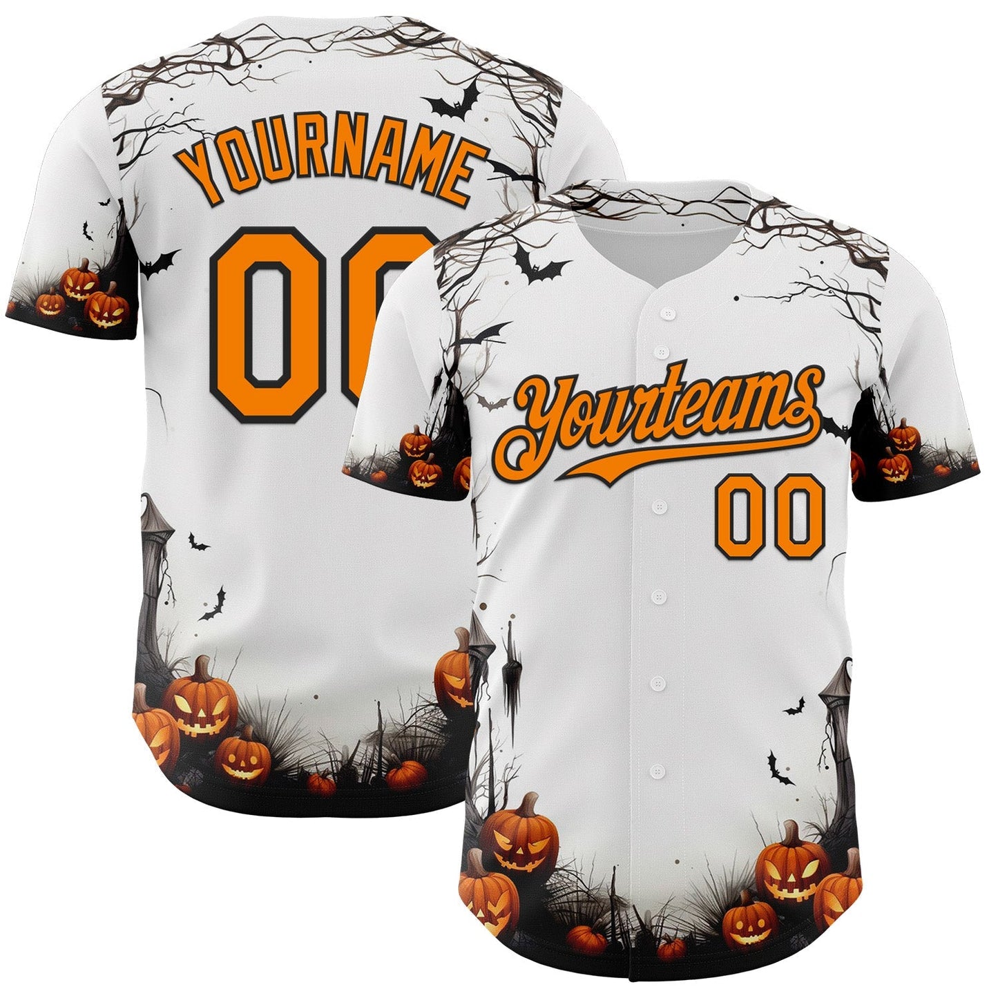 Custom White Bay Orange-Black 3D Halloween Spooky Pumpkin Authentic Baseball Jersey baseball jersey product view 1
