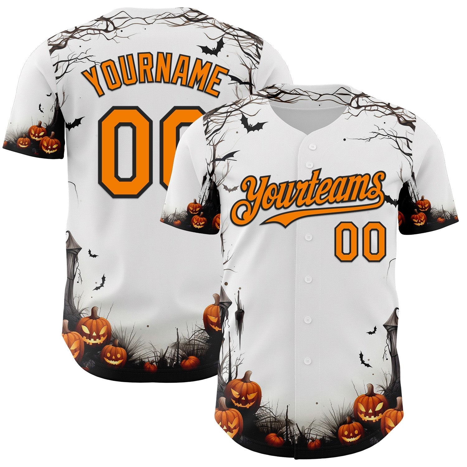 Custom White Bay Orange-Black 3D Halloween Spooky Pumpkin Authentic Baseball Jersey baseball jersey product view 1
