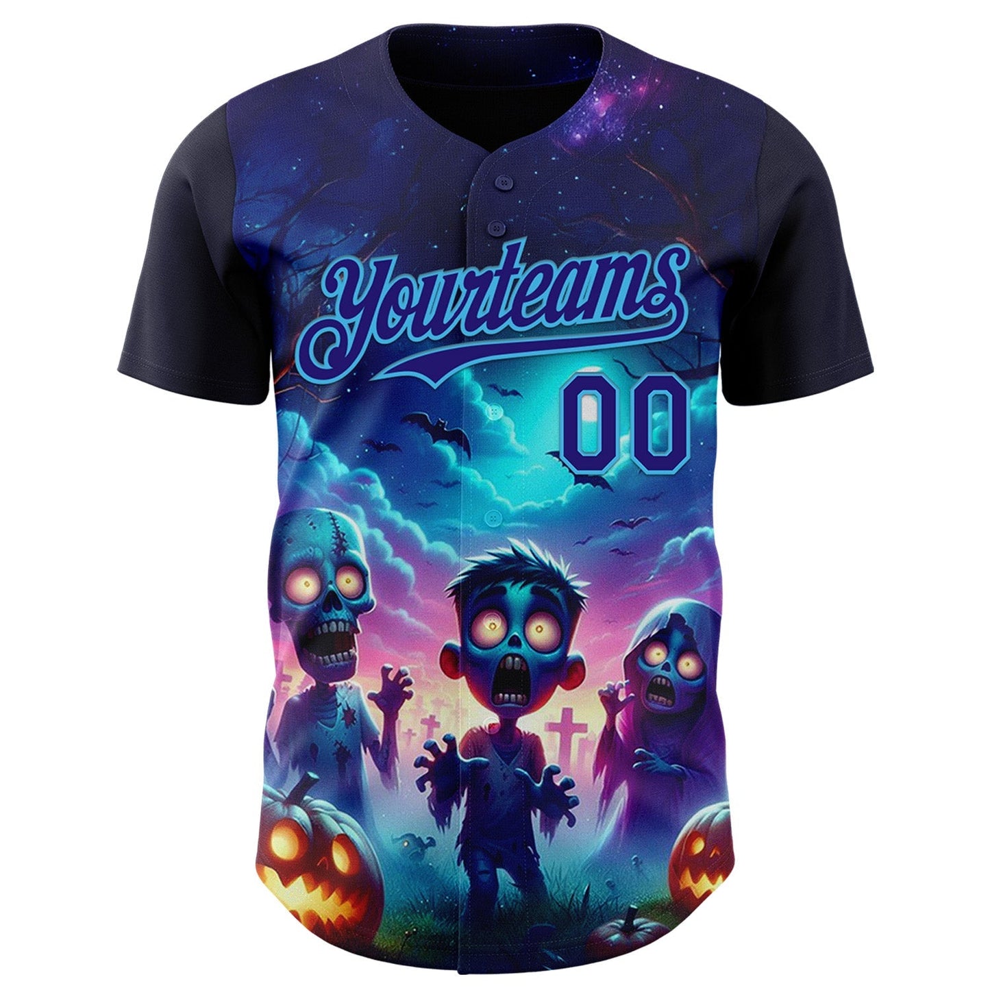Custom Blue Dark Purple Black-Sky Blue 3D Halloween Spooky Pumpkin Zombies Authentic Baseball Jersey baseball jersey product view 2