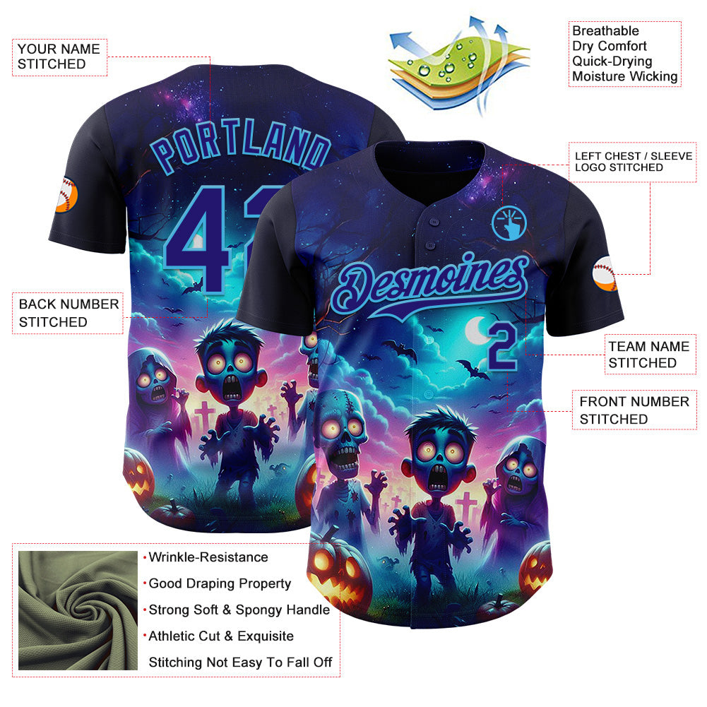 Custom Blue Dark Purple Black-Sky Blue 3D Halloween Spooky Pumpkin Zombies Authentic Baseball Jersey baseball jersey product view 3