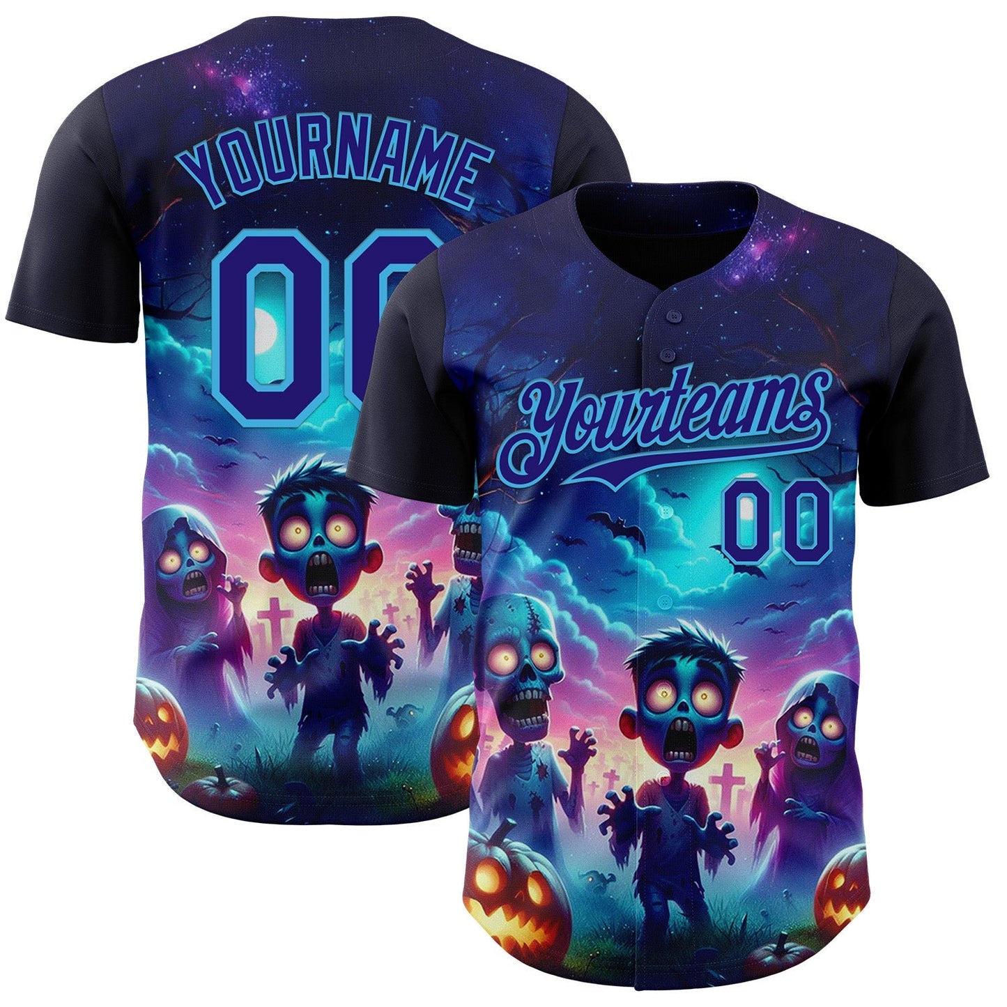 Custom Blue Dark Purple Black-Sky Blue 3D Halloween Spooky Pumpkin Zombies Authentic Baseball Jersey baseball jersey product view 1