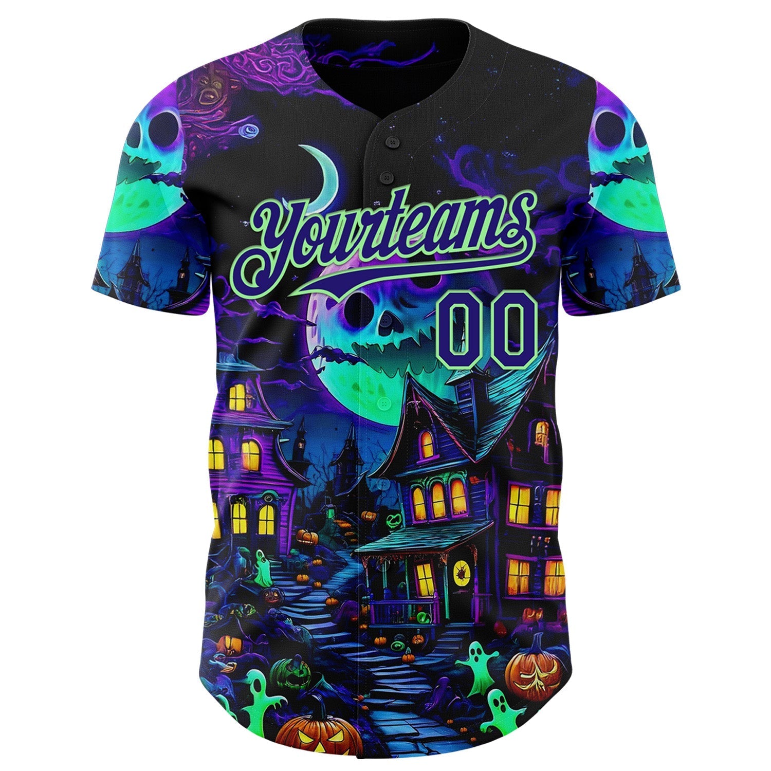 Custom Black Dark Purple-Pea Green 3D Halloween Spooky Pumpkin Authentic Baseball Jersey baseball jersey product view 2