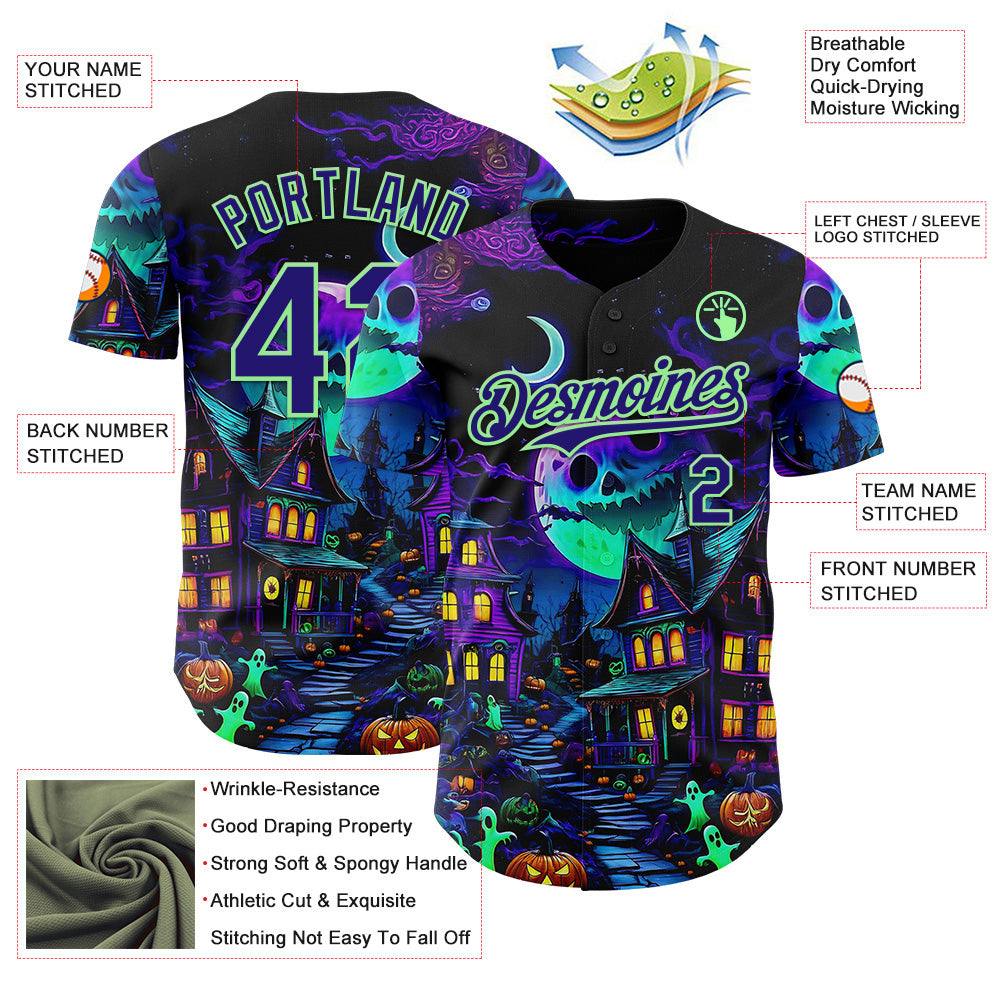 Custom Black Dark Purple-Pea Green 3D Halloween Spooky Pumpkin Authentic Baseball Jersey baseball jersey product view 3