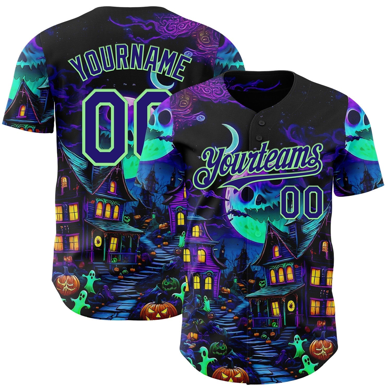 Custom Black Dark Purple-Pea Green 3D Halloween Spooky Pumpkin Authentic Baseball Jersey baseball jersey product view 1