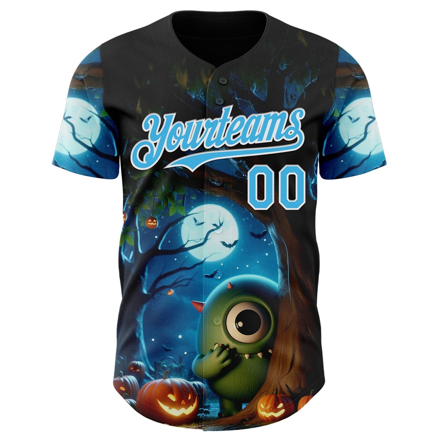 Custom Black Sky Blue-White 3D Halloween Spooky Pumpkin Authentic Baseball Jersey baseball jersey product view 2