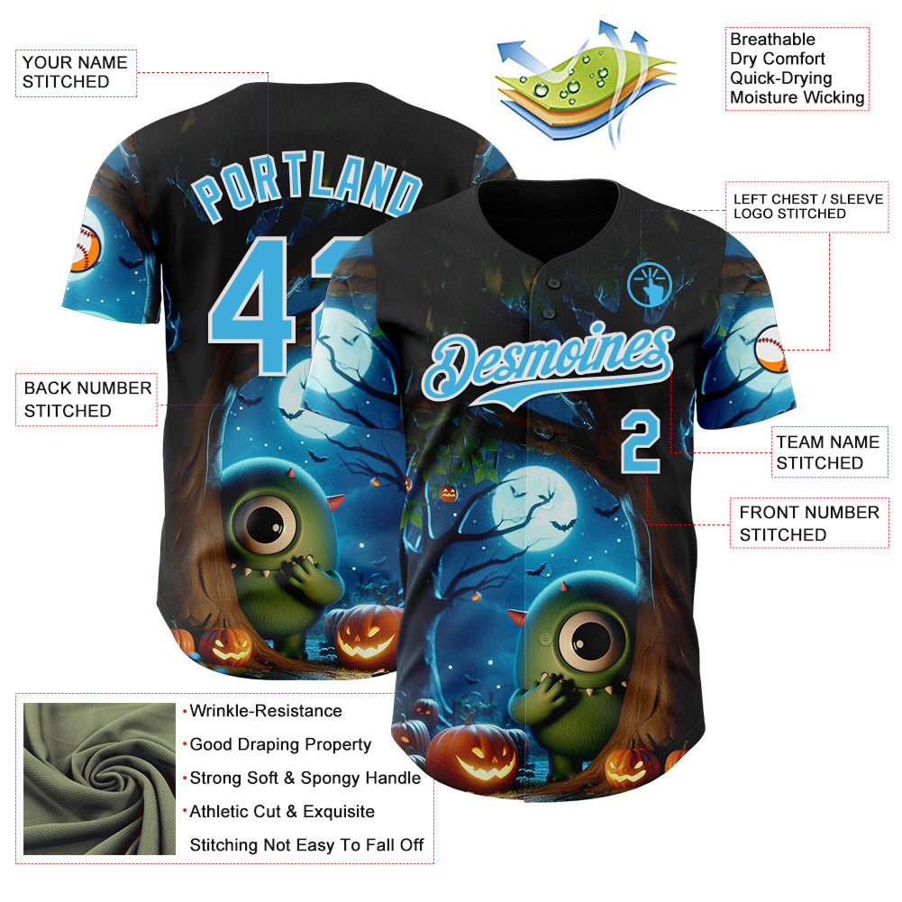 Custom Black Sky Blue-White 3D Halloween Spooky Pumpkin Authentic Baseball Jersey baseball jersey product view 3