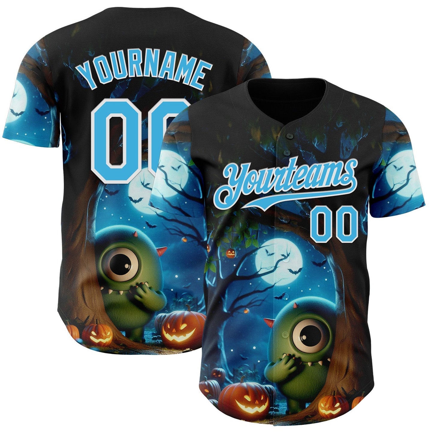 Custom Black Sky Blue-White 3D Halloween Spooky Pumpkin Authentic Baseball Jersey baseball jersey product view 1