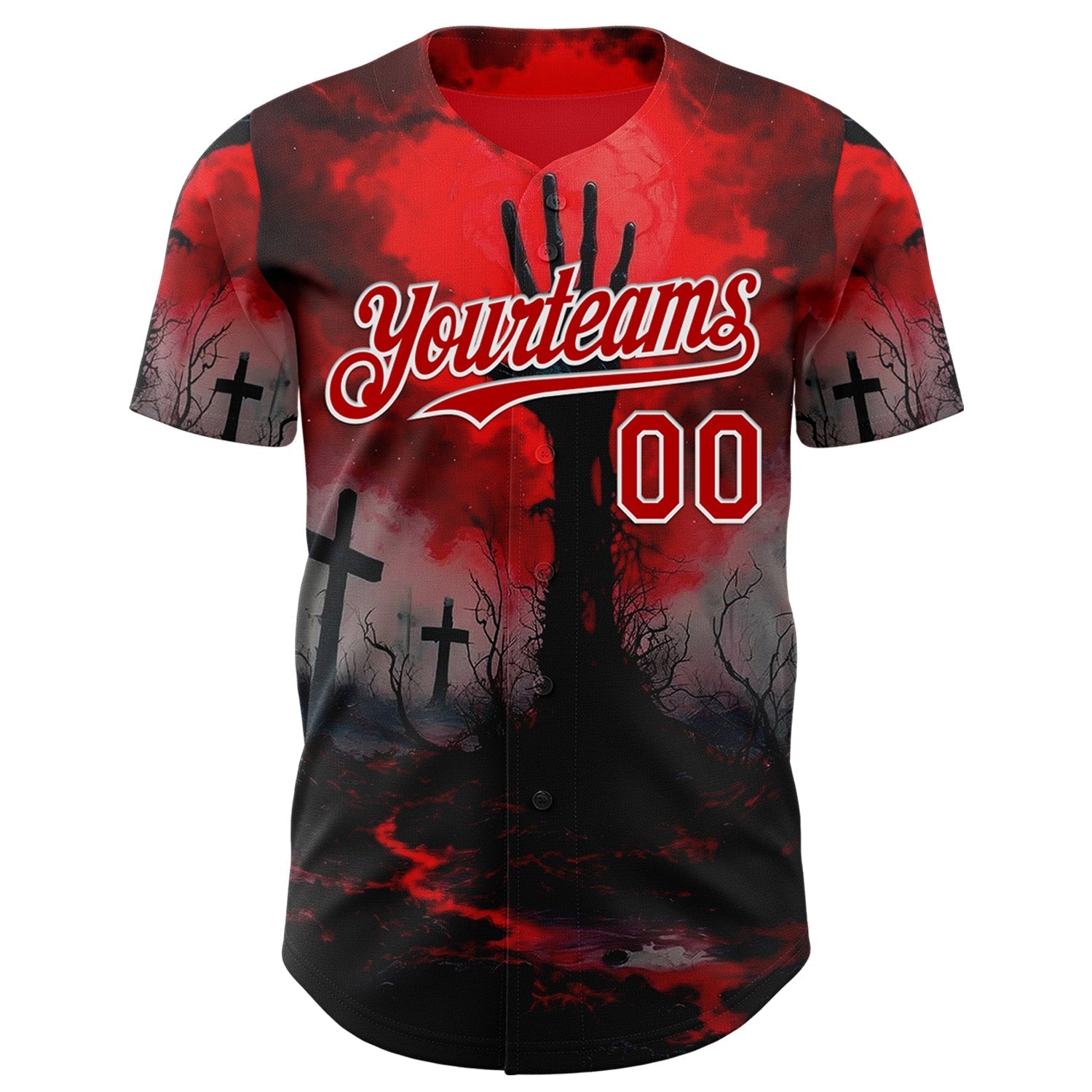 Custom Red Black-White 3D Halloween Spooky Horror Zombies Authentic Baseball Jersey baseball jersey product view 2