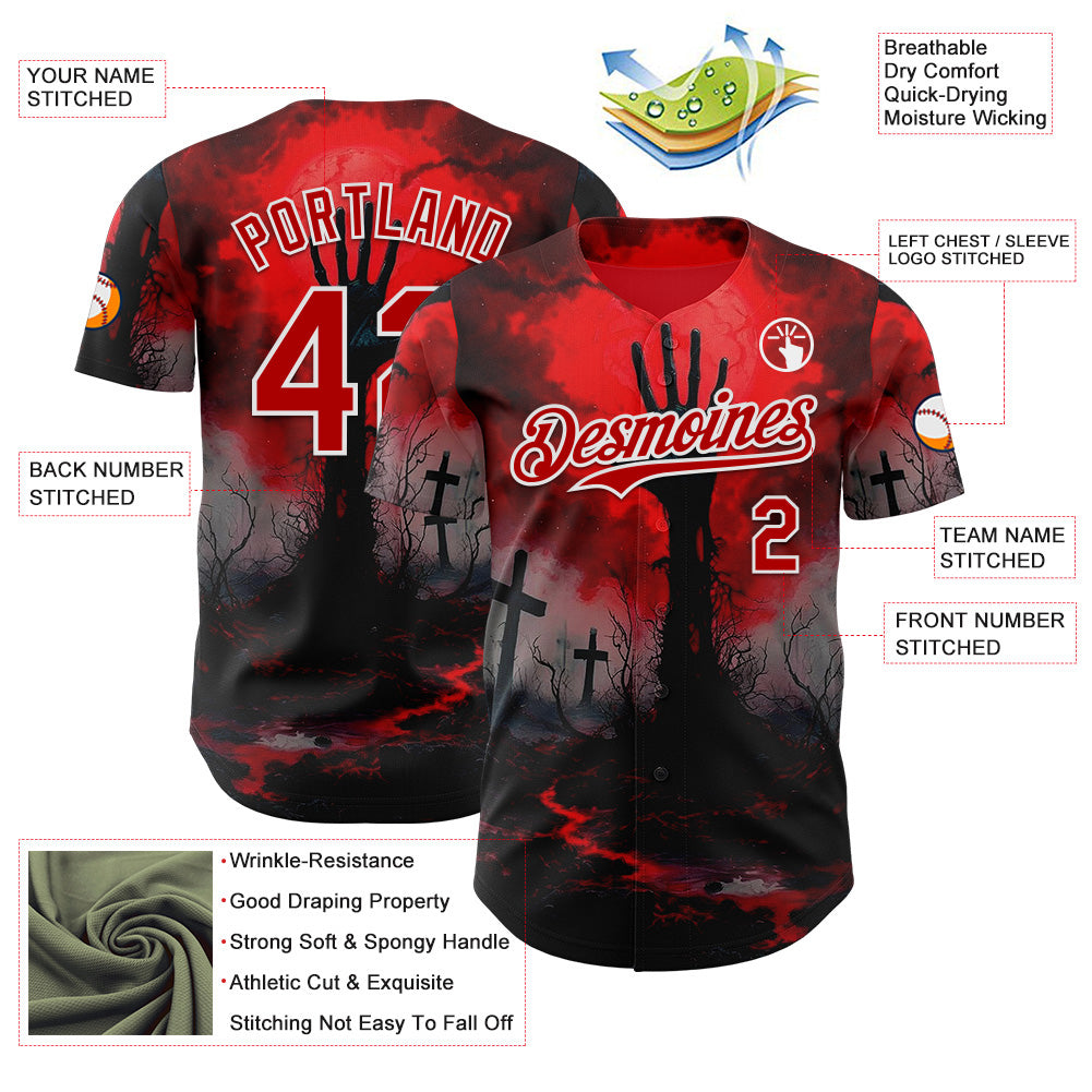 Custom Red Black-White 3D Halloween Spooky Horror Zombies Authentic Baseball Jersey baseball jersey product view 3