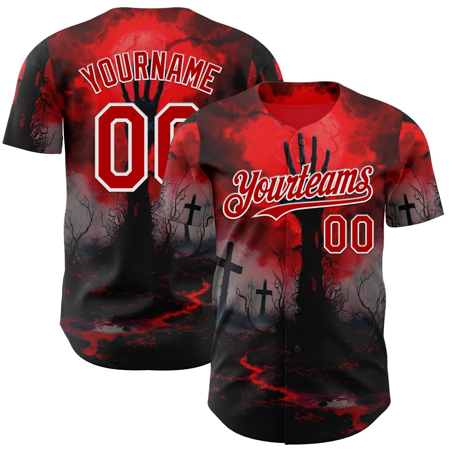 Custom Red Black-White 3D Halloween Spooky Horror Zombies Authentic Baseball Jersey baseball jersey product view 1