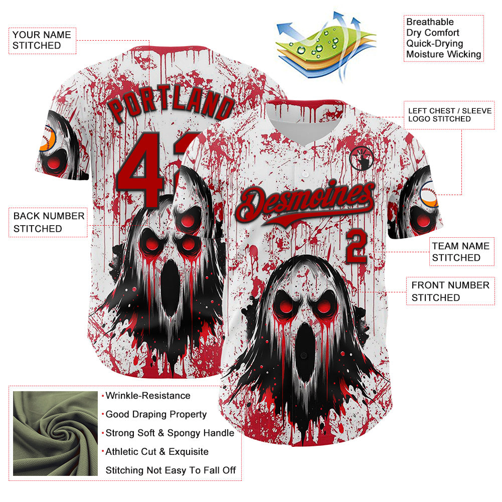 Custom White Red-Black 3D Halloween Creepy Blood Horror Authentic Baseball Jersey baseball jersey product view 3