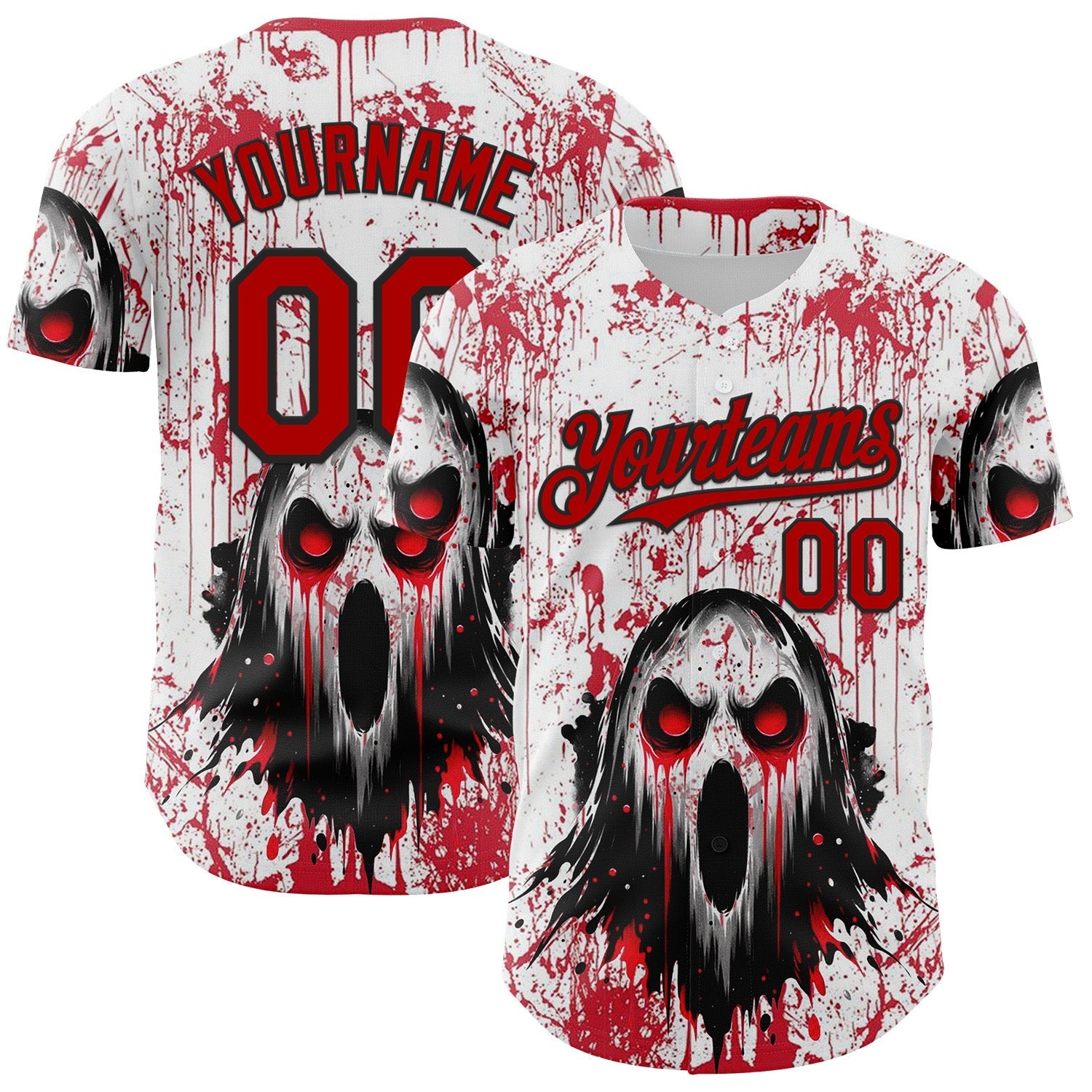 Custom White Red-Black 3D Halloween Creepy Blood Horror Authentic Baseball Jersey baseball jersey product view 1