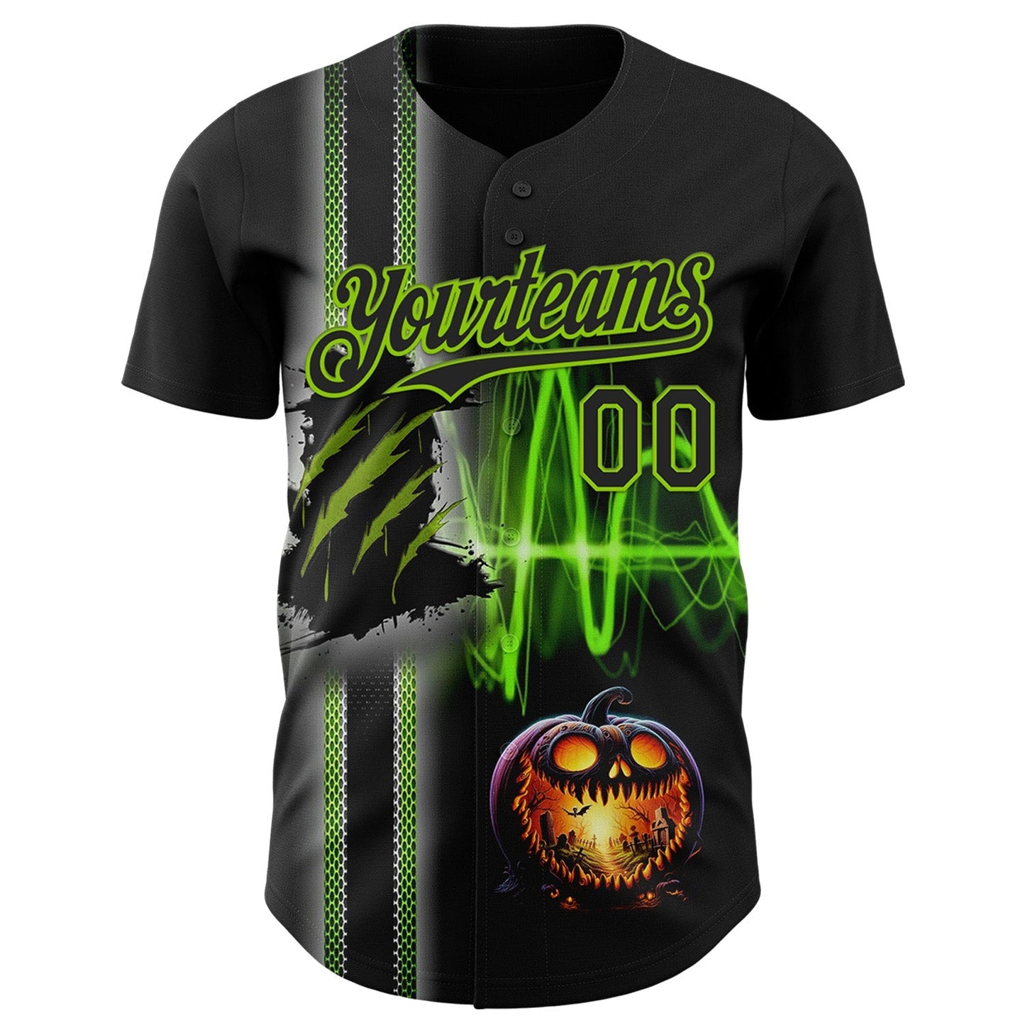 Custom Black Neon Green 3D Halloween Spooky Pumpkin Scratch Authentic Baseball Jersey baseball jersey product view 2