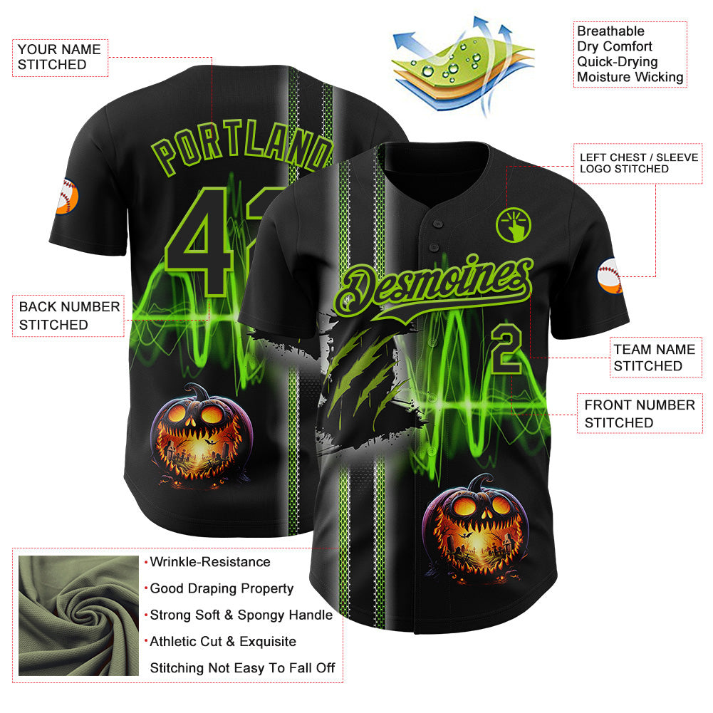 Custom Black Neon Green 3D Halloween Spooky Pumpkin Scratch Authentic Baseball Jersey baseball jersey product view 3