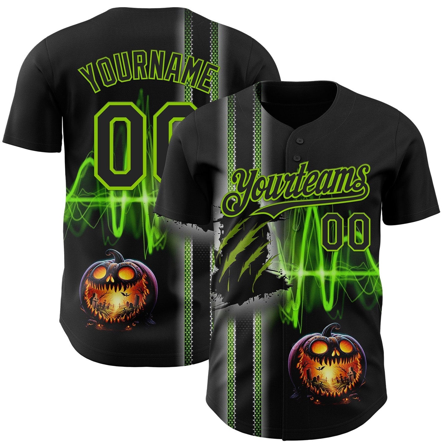 Custom Black Neon Green 3D Halloween Spooky Pumpkin Scratch Authentic Baseball Jersey baseball jersey product view 1