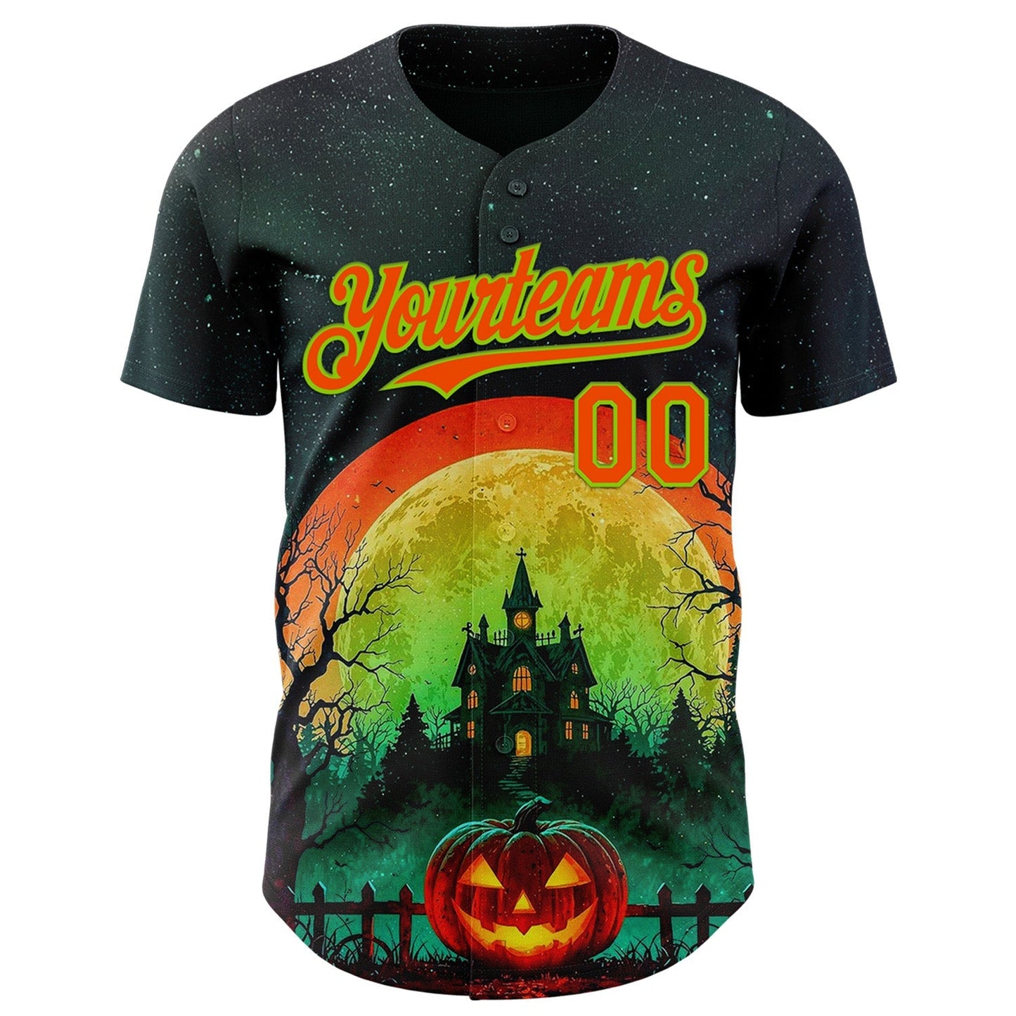 Custom Black Orange-Neon Green 3D Halloween Spooky Pumpkin Authentic Baseball Jersey baseball jersey product view 2