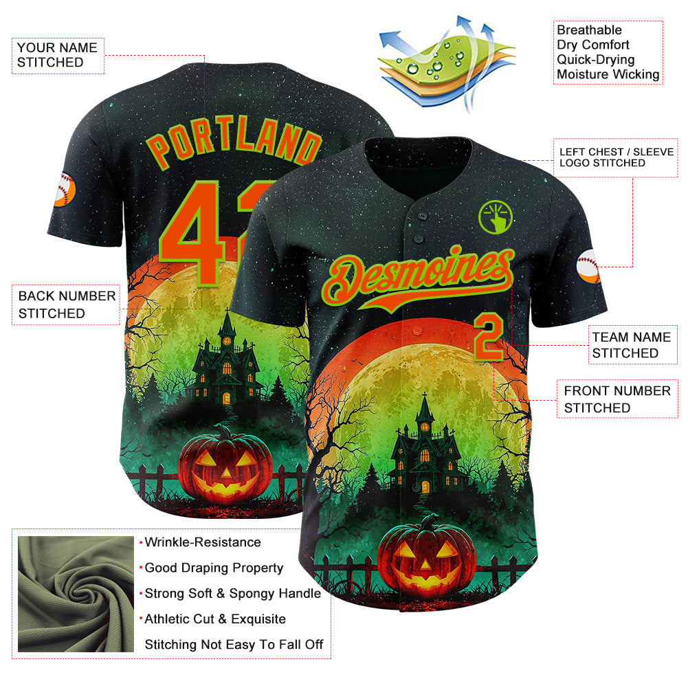 Custom Black Orange-Neon Green 3D Halloween Spooky Pumpkin Authentic Baseball Jersey baseball jersey product view 3