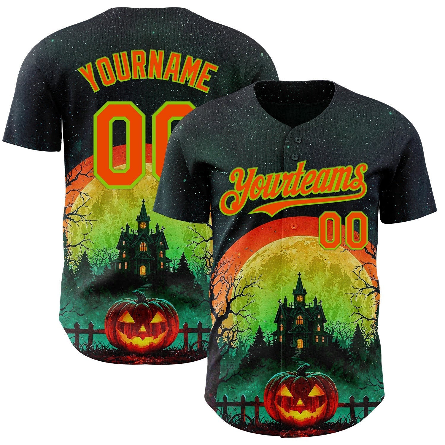 Custom Black Orange-Neon Green 3D Halloween Spooky Pumpkin Authentic Baseball Jersey baseball jersey product view 1