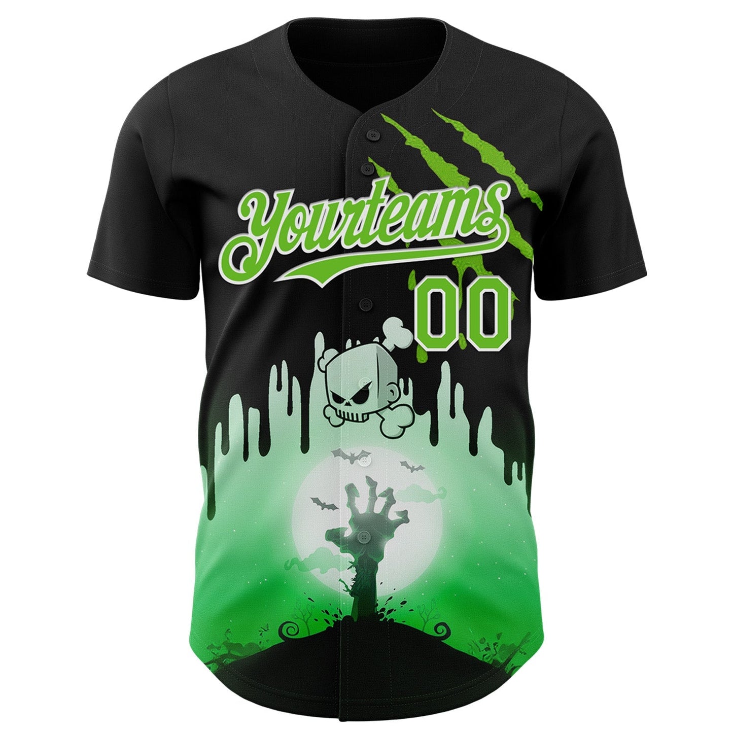 Custom Black Aurora Green-White 3D Halloween Spooky Zombies Scratch Authentic Baseball Jersey baseball jersey product view 2